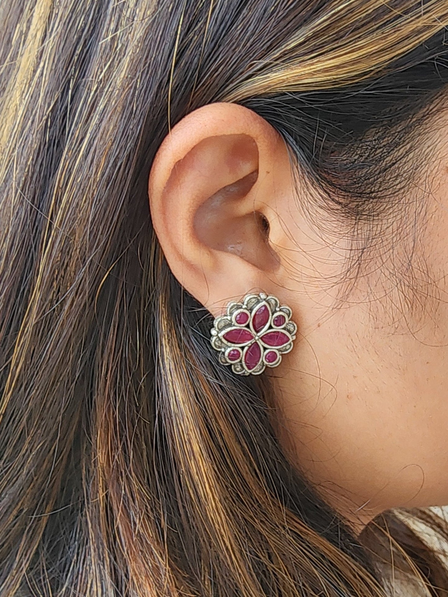 BALAMANI-Pink Stone German Oxidized Earring