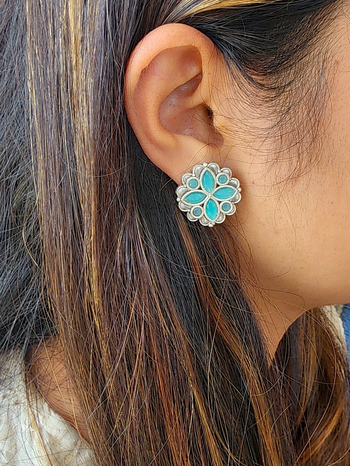 BALAMANI-Sea Green Stone German Oxidized Earring