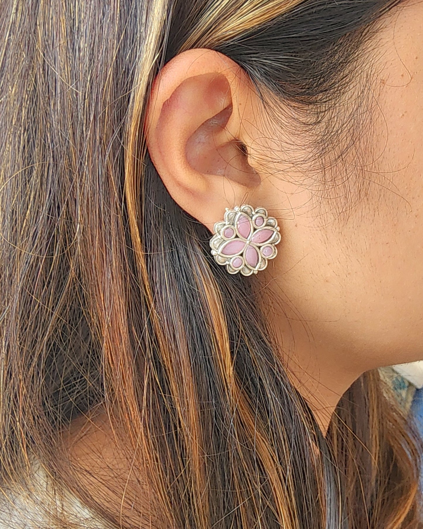 BALAMANI-Baby Pink Stone German Oxidized Earring