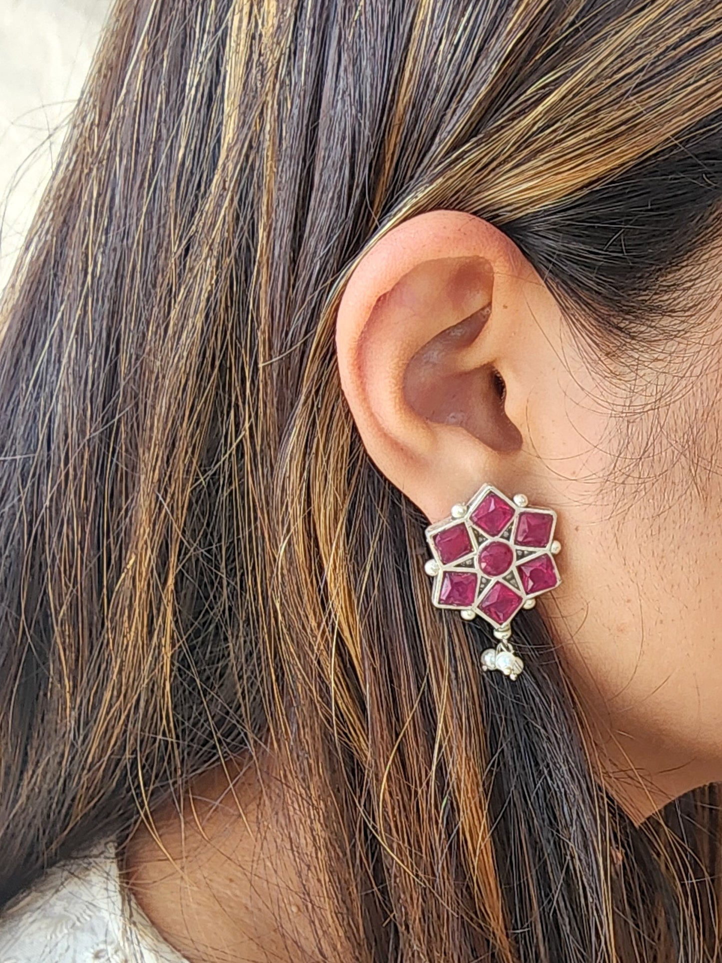 BALAMANI-Pink Stone German Oxidized Earring