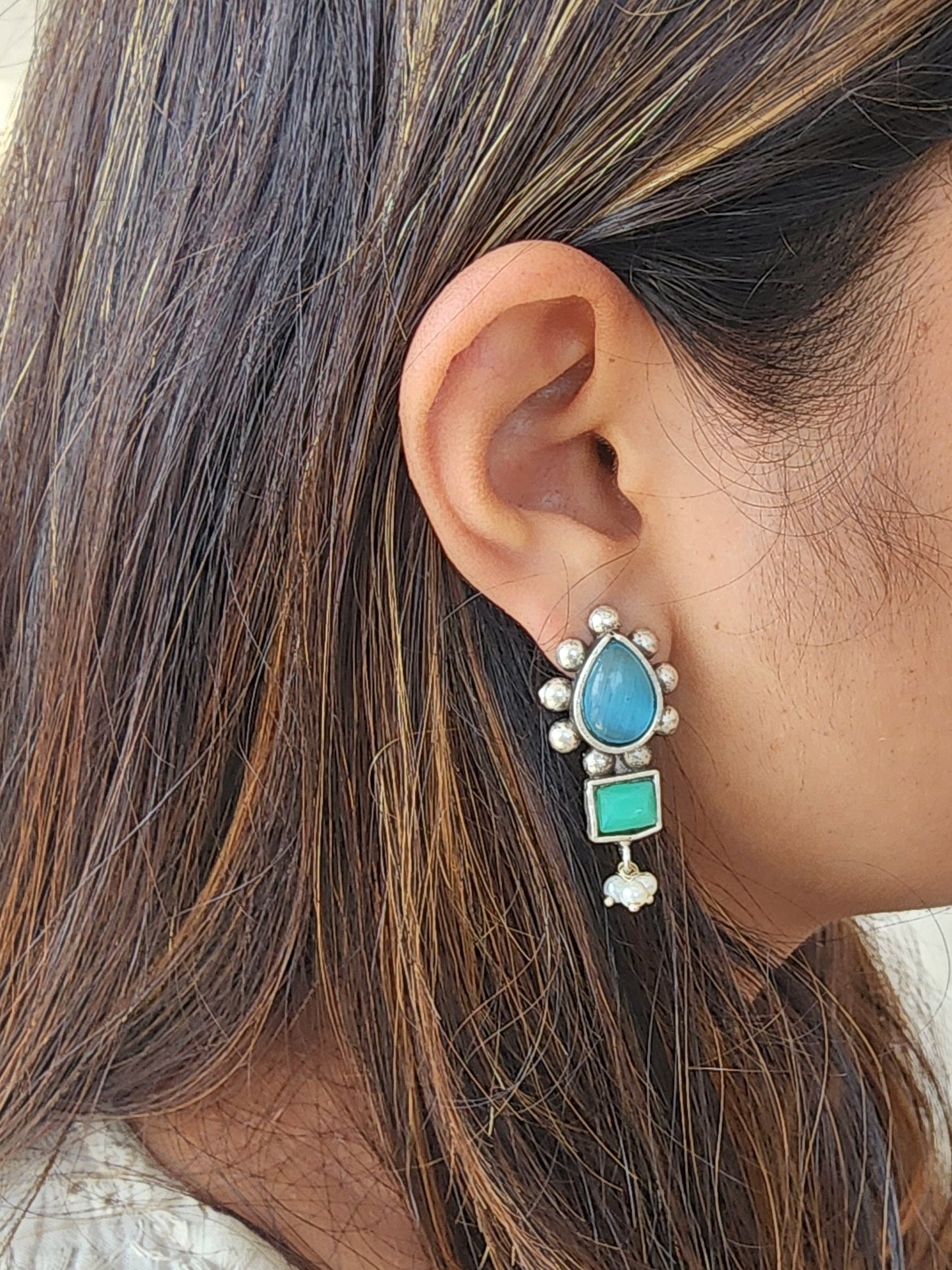 BALAMANI-Blue Green Stone German Oxidized Earring