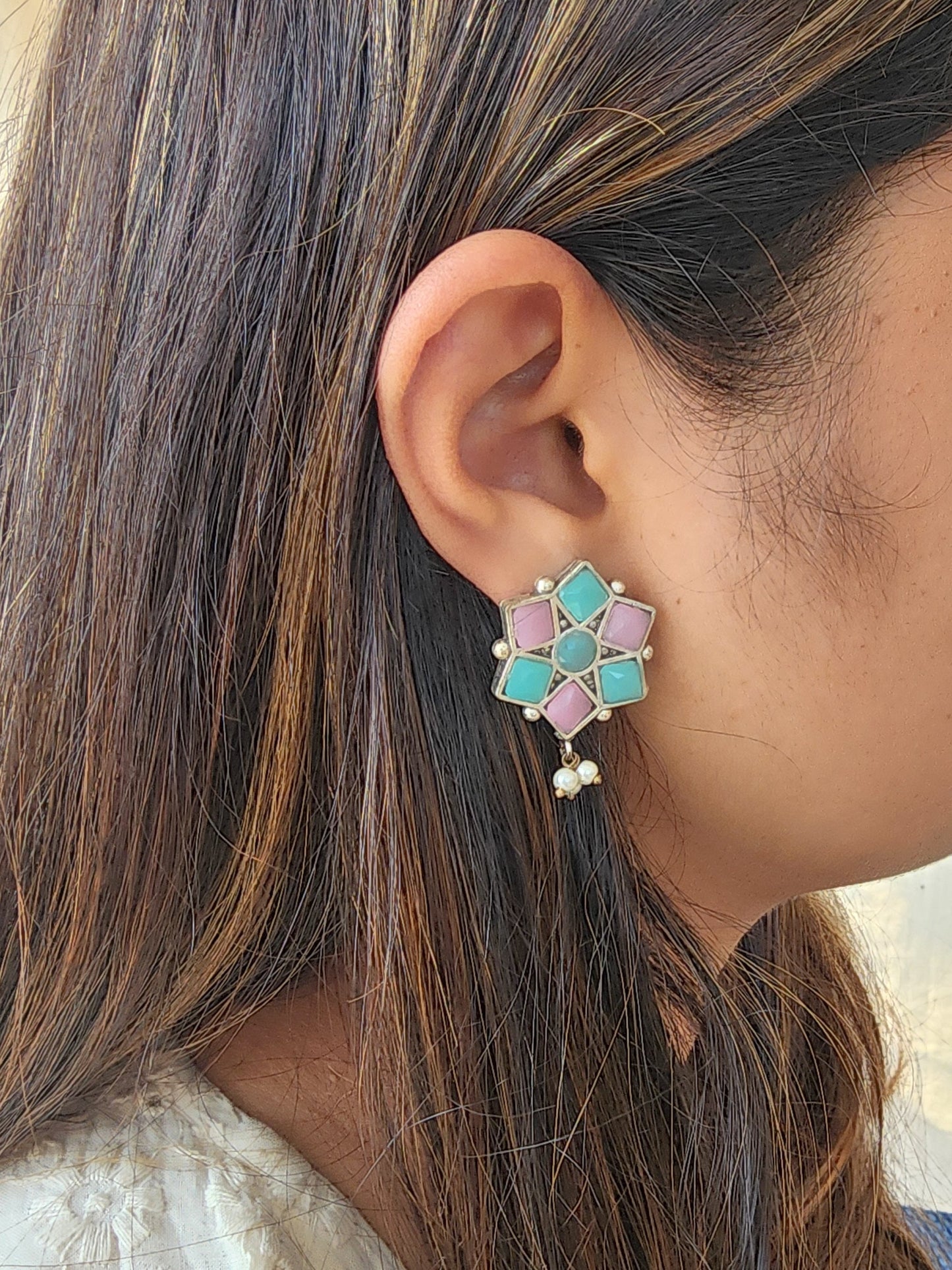 BALAMANI-Baby Pink With Sea Green Stone German Oxidized Earring