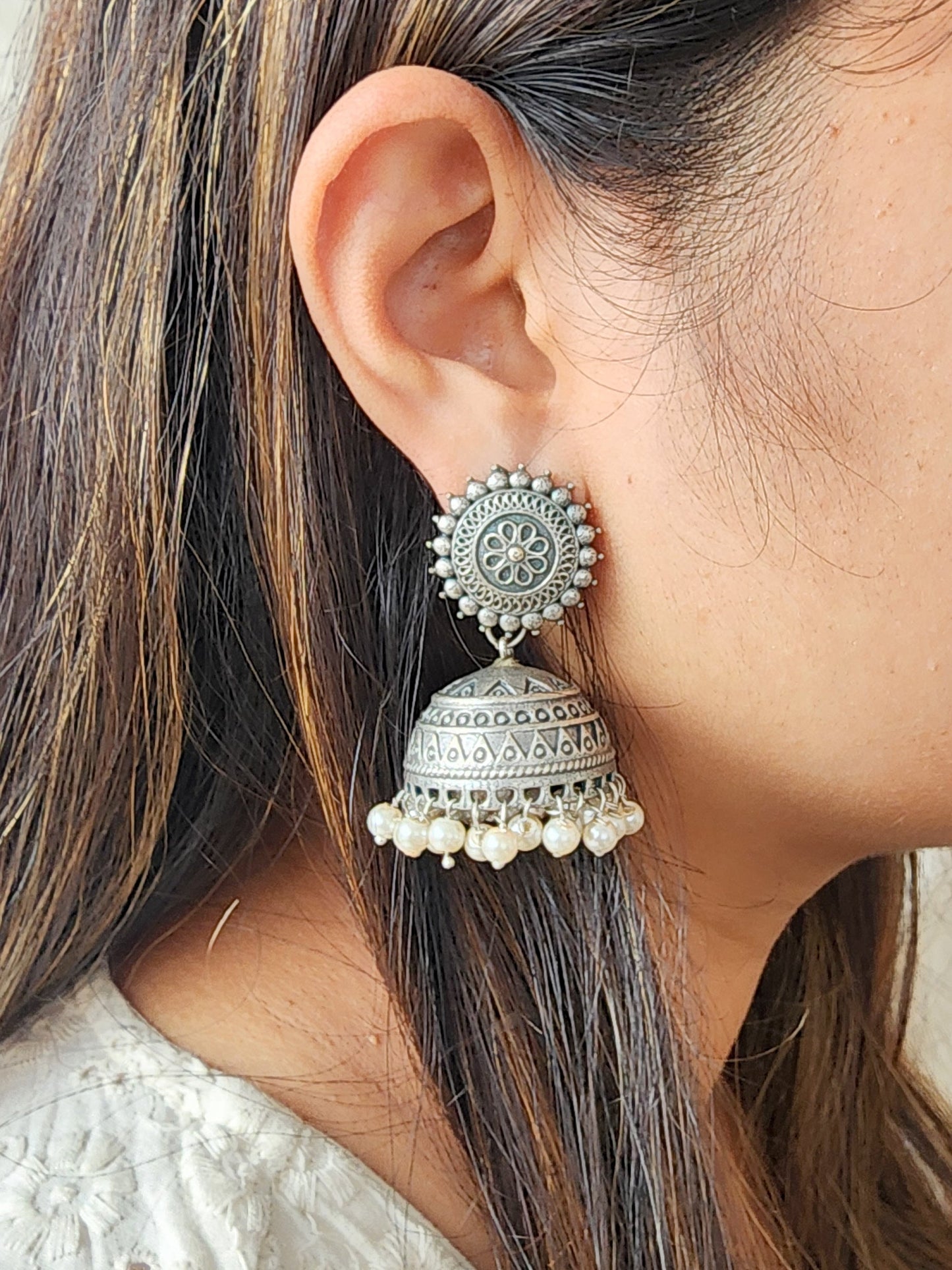 BALAMANI-Jhumka Earrings With Pearl Hanging German Oxidized