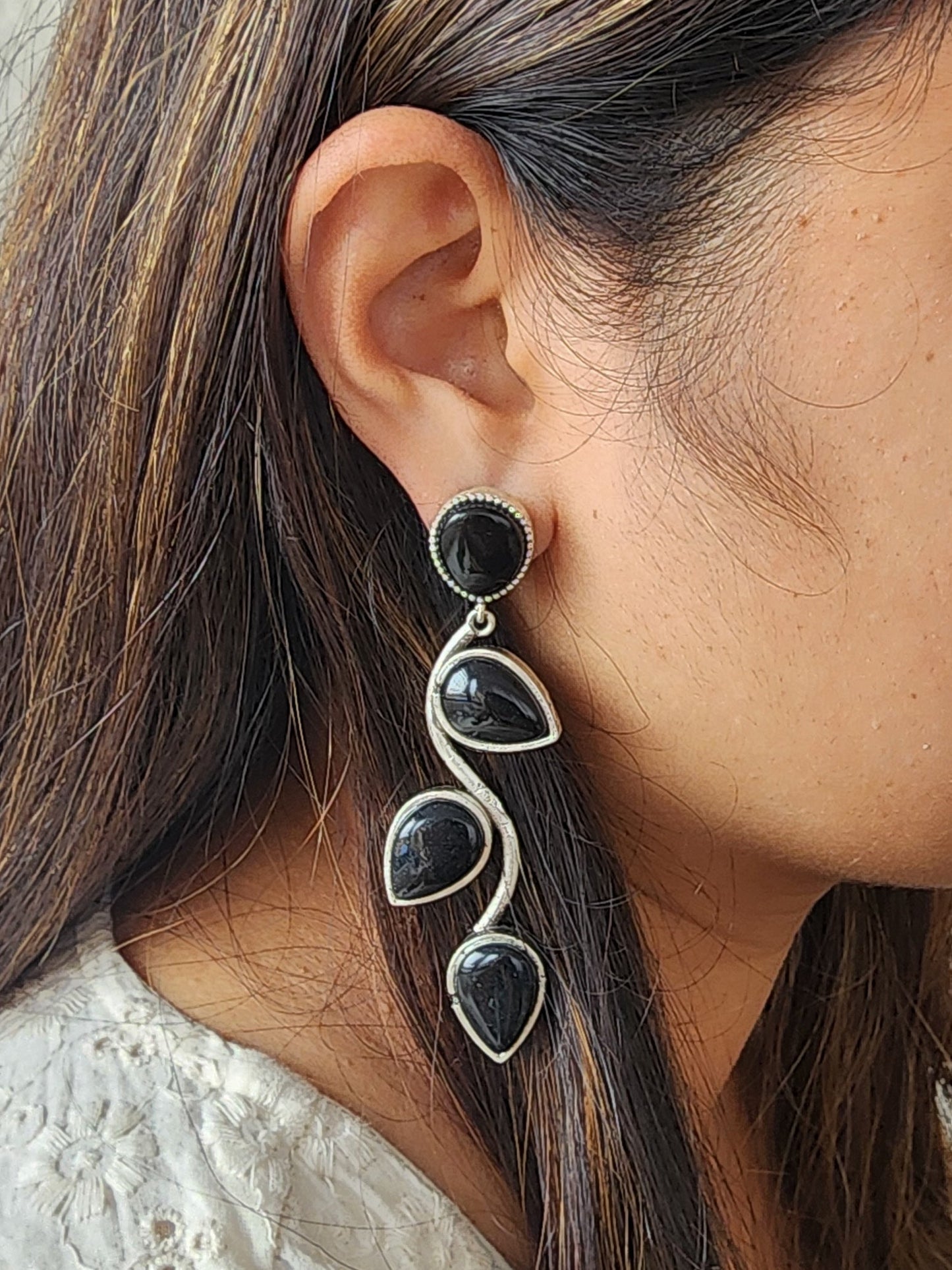 BALAMANI-Beautiful Unique Design Black Stone German Oxidized Earring