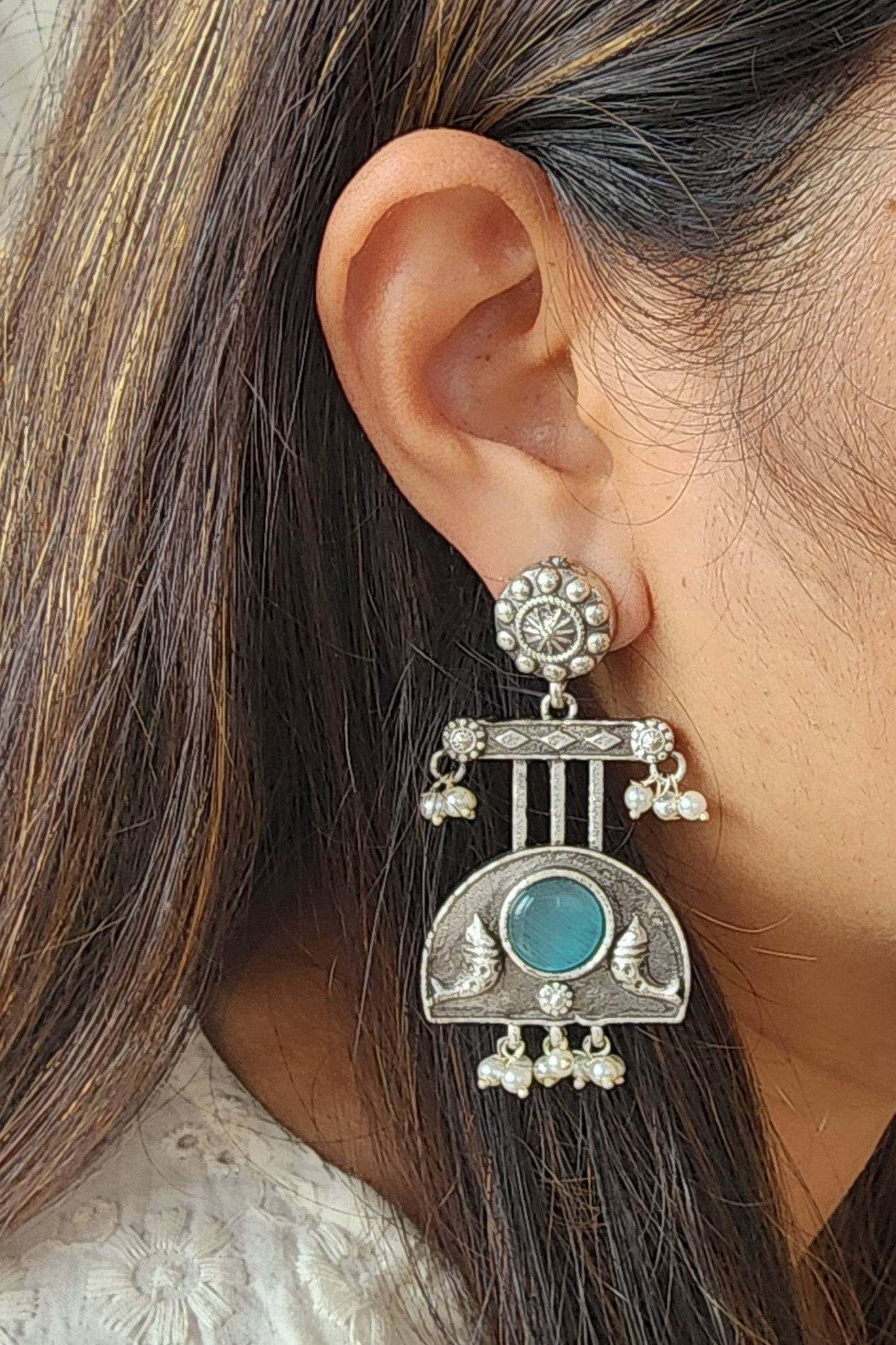 BALAMANI-Blue Stone Silver German Oxidized Earring