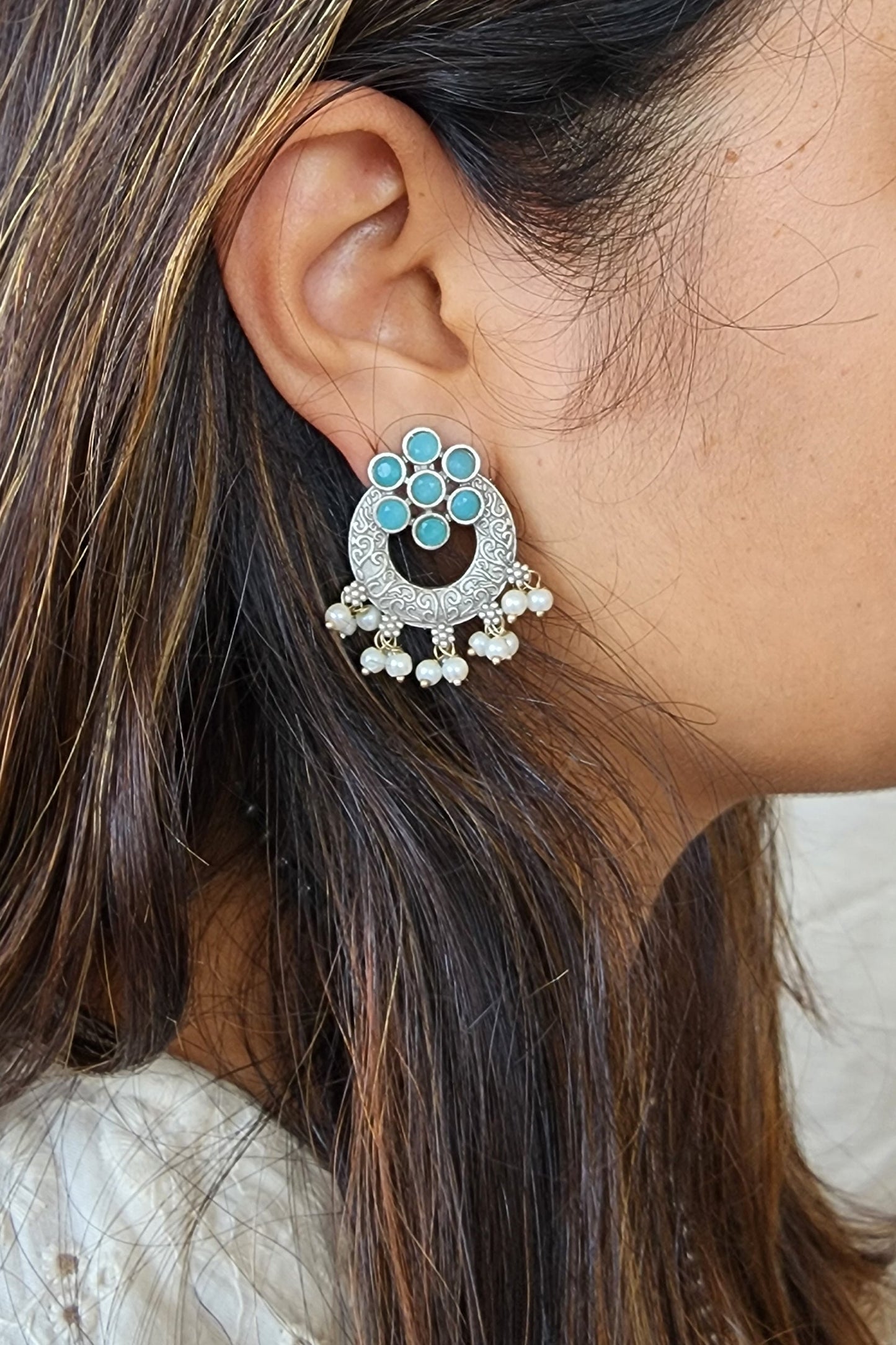 BALAMANI-Sky Blue Stone Chandbali With Pearls German Oxidized Earrings