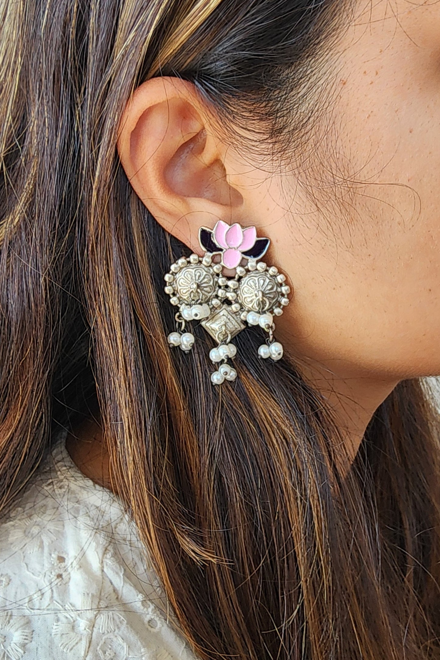 BALAMANI-Pink And Black Lotus Design With Pearl German Oxidized Earring