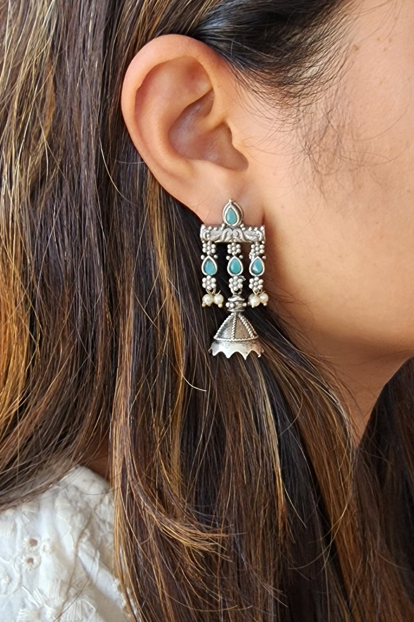 BALAMANI-Sky Blue Stone Finish Floral Motifs German Oxidized Earring