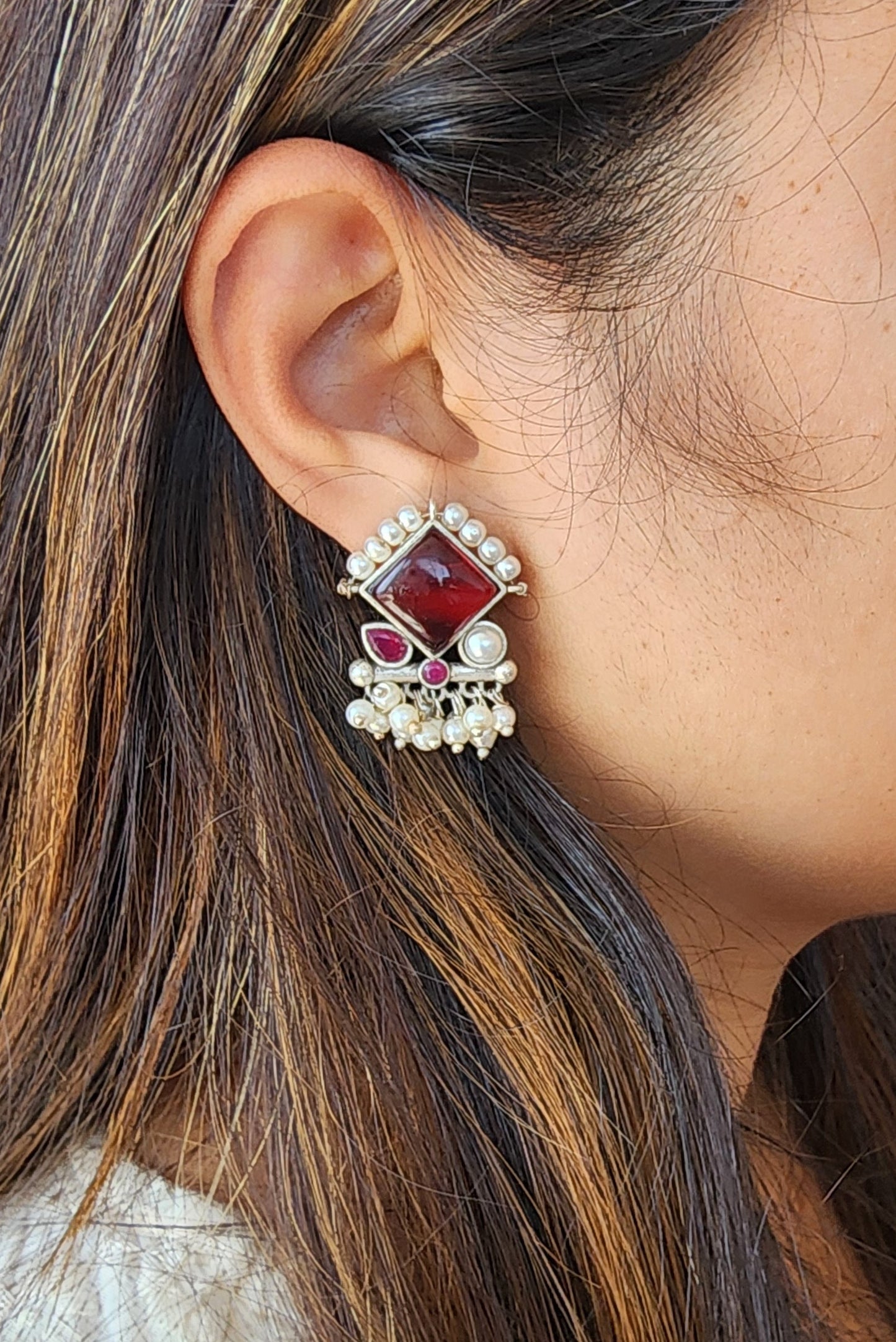 BALAMANI-Maroon Stone With Pearls German Oxidized Earrings