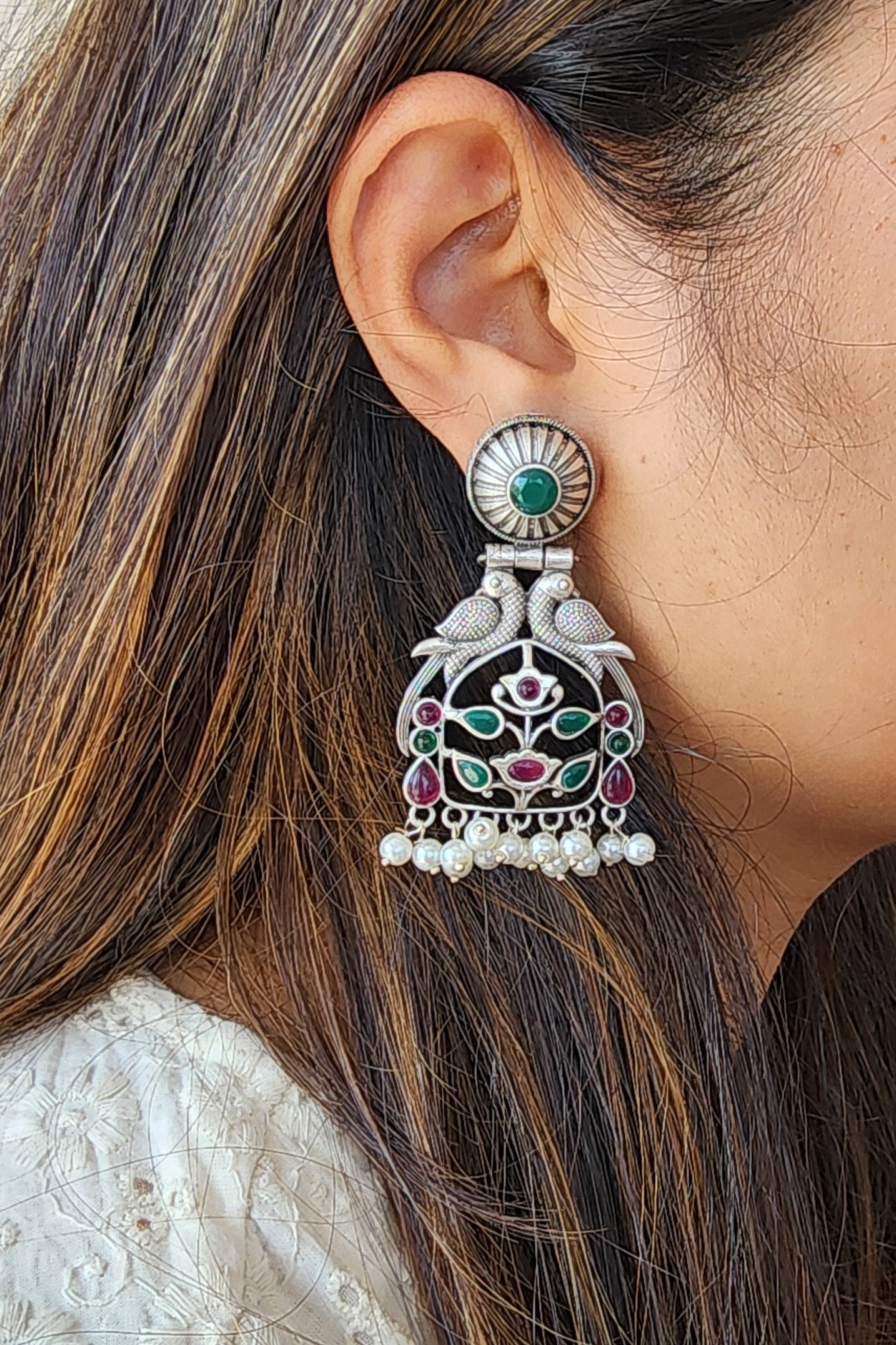 BALAMANI-Green And Pink Stone German Oxidized Earring
