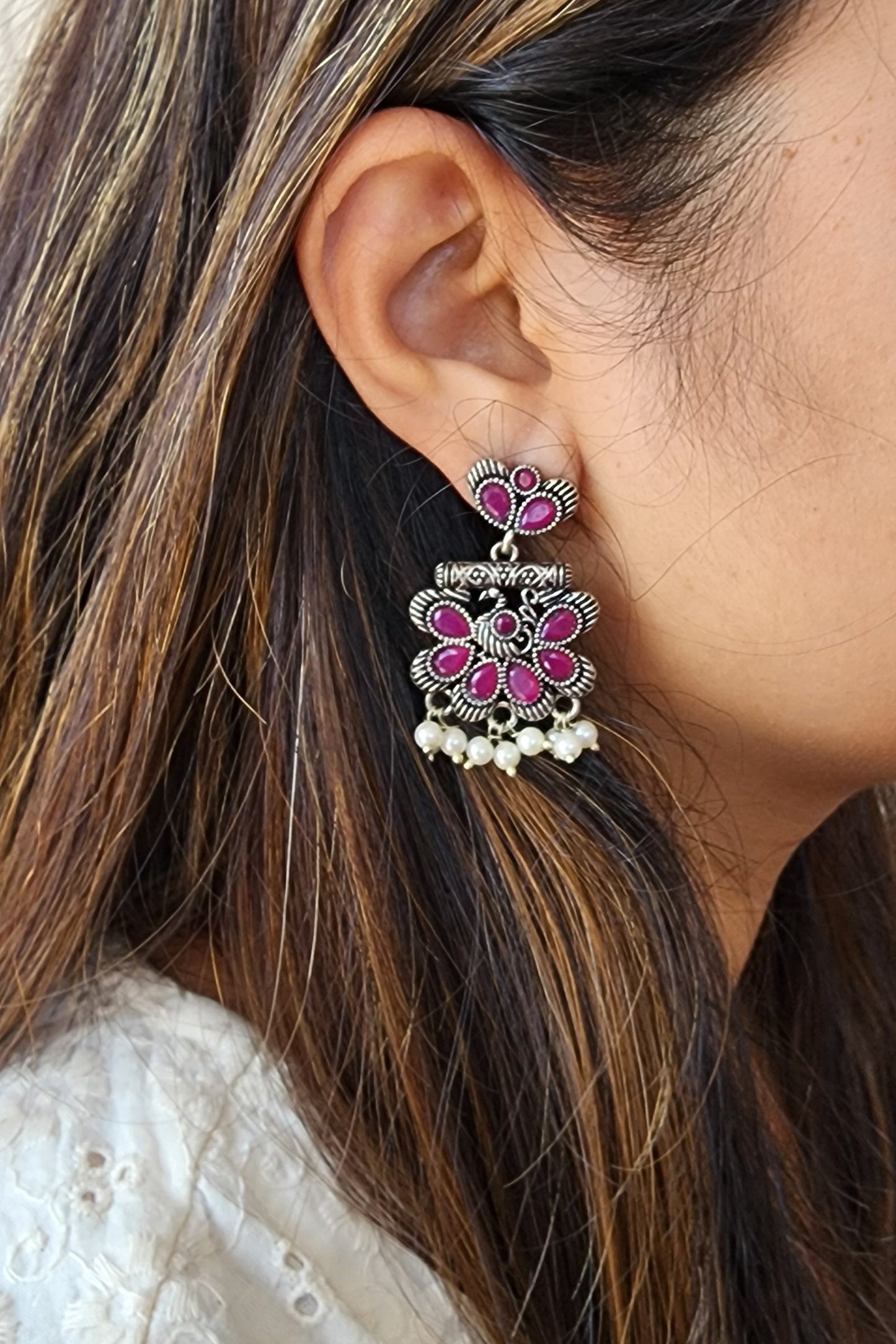 BALAMANI- Pink Stone With Pearls German Oxidized Earring