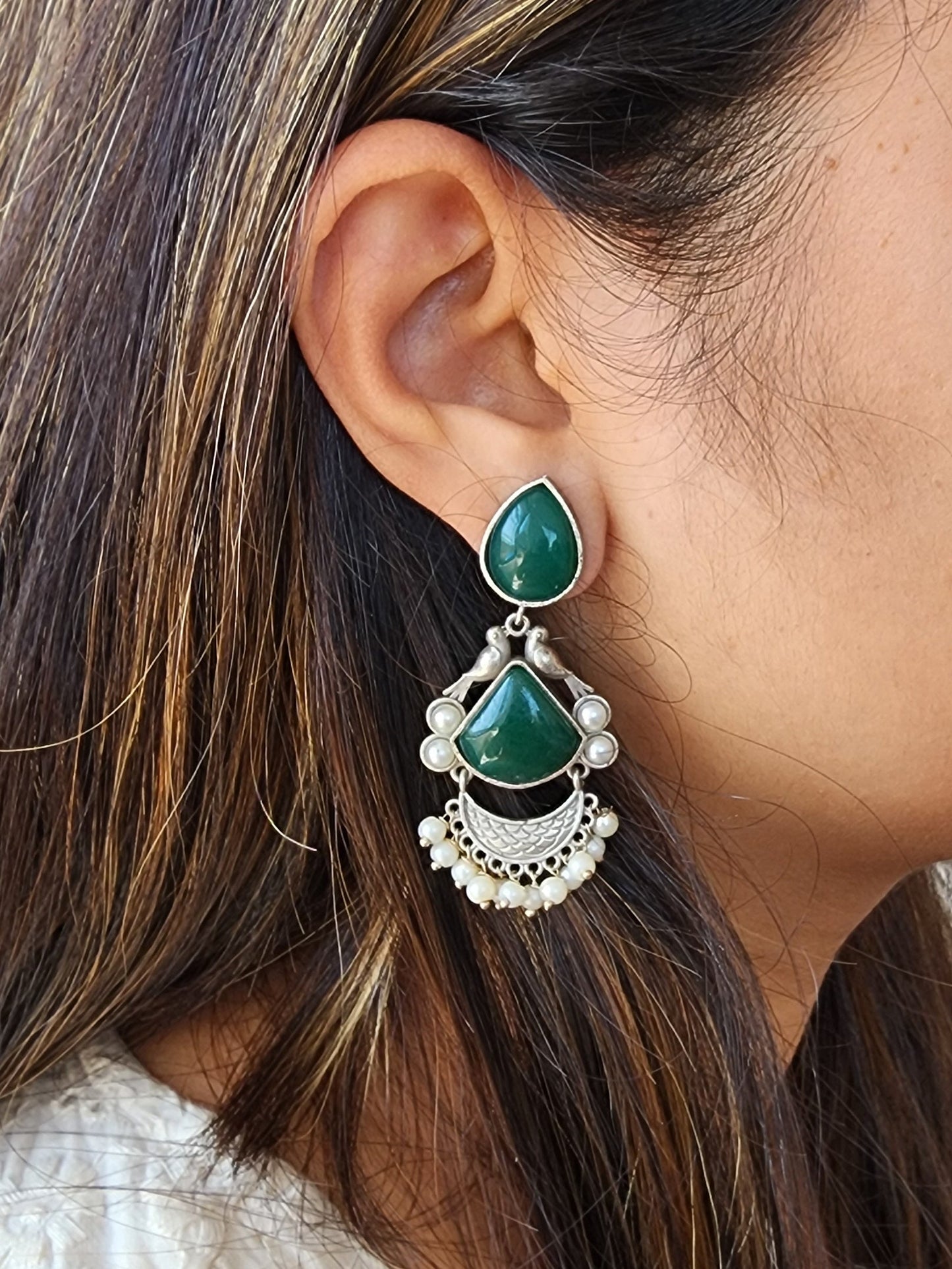 BALAMANI-Green Stone German Oxidized Earring
