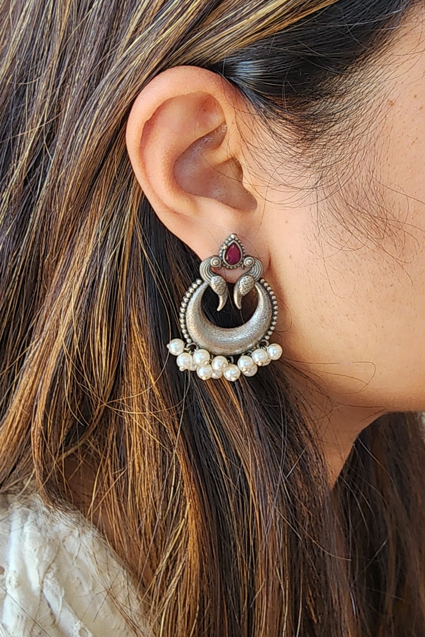 BALAMANI-Pink Stone Chandbali With Pearls German Oxidized Earrings