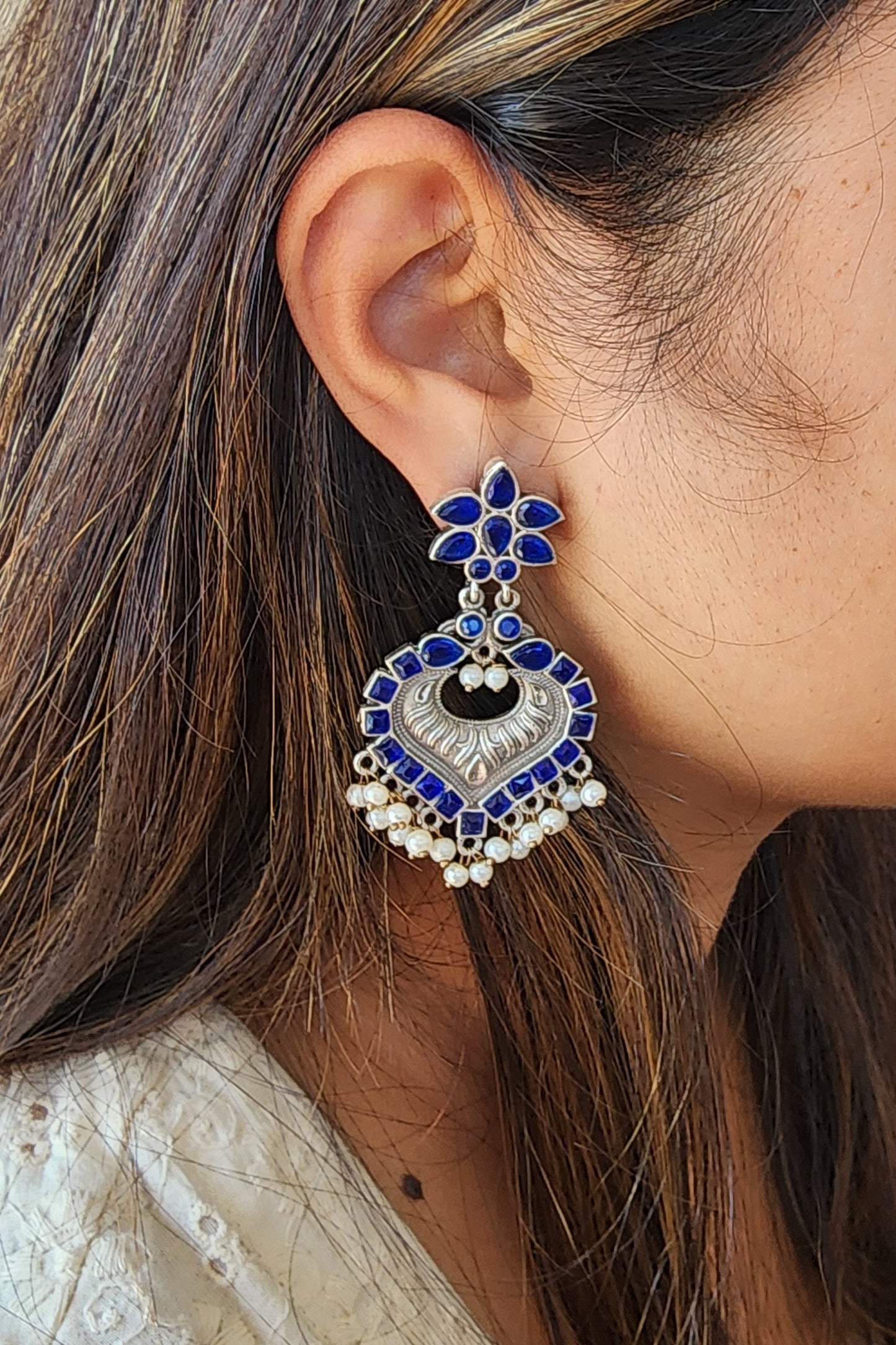 BALAMANI-Blue Stone German Oxidized Earring