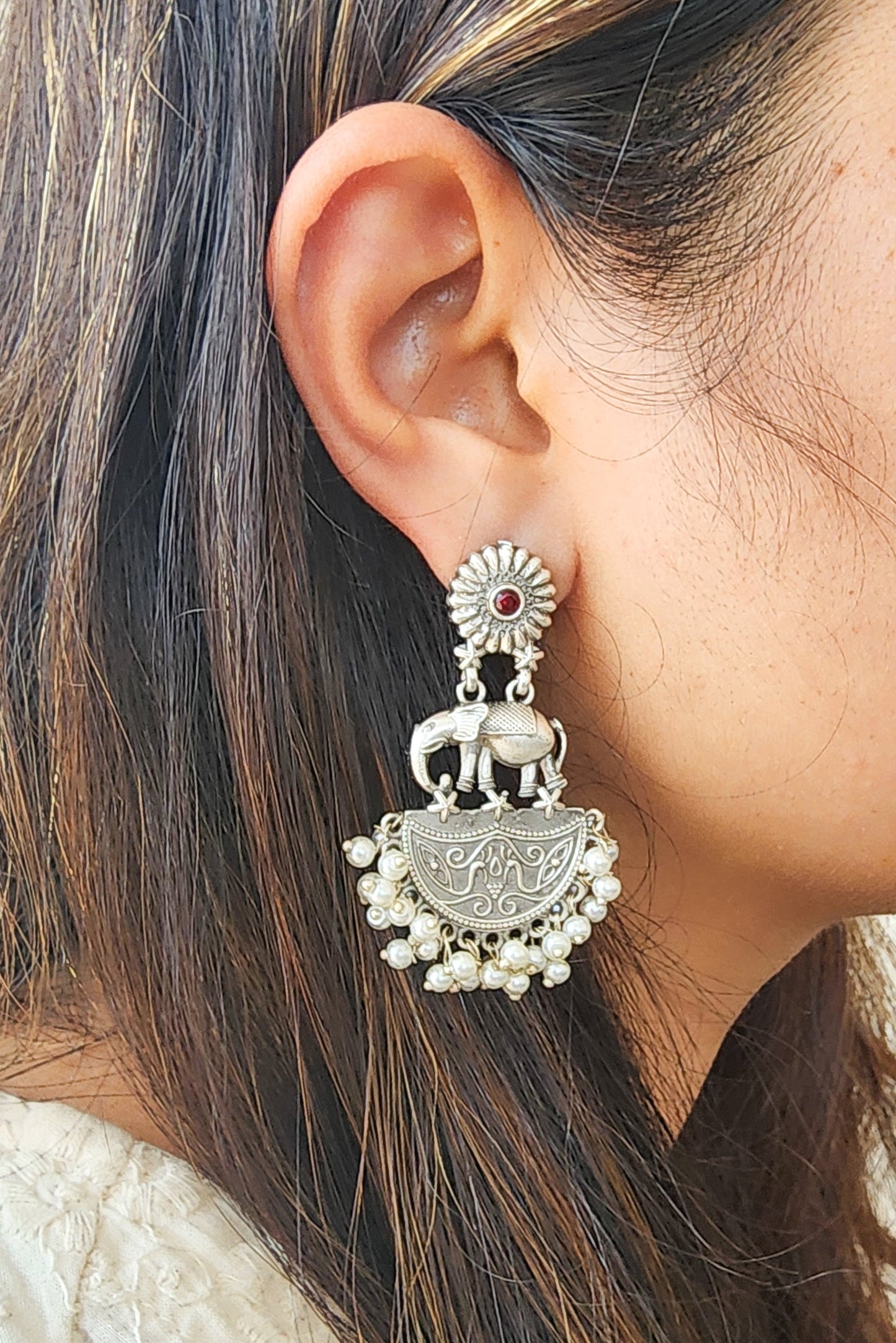 BALAMANI-Pink Stone Elephant Design Silver With Pearls German Oxidised Earring