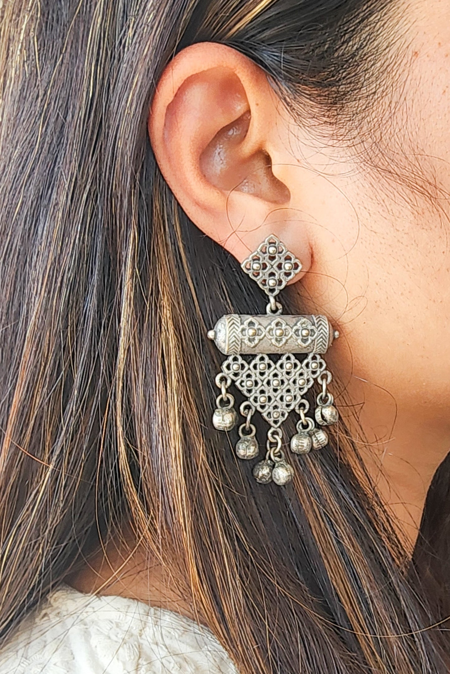 BALAMANI-Silver Triangle Design With Ghungroo German Oxidized Earring