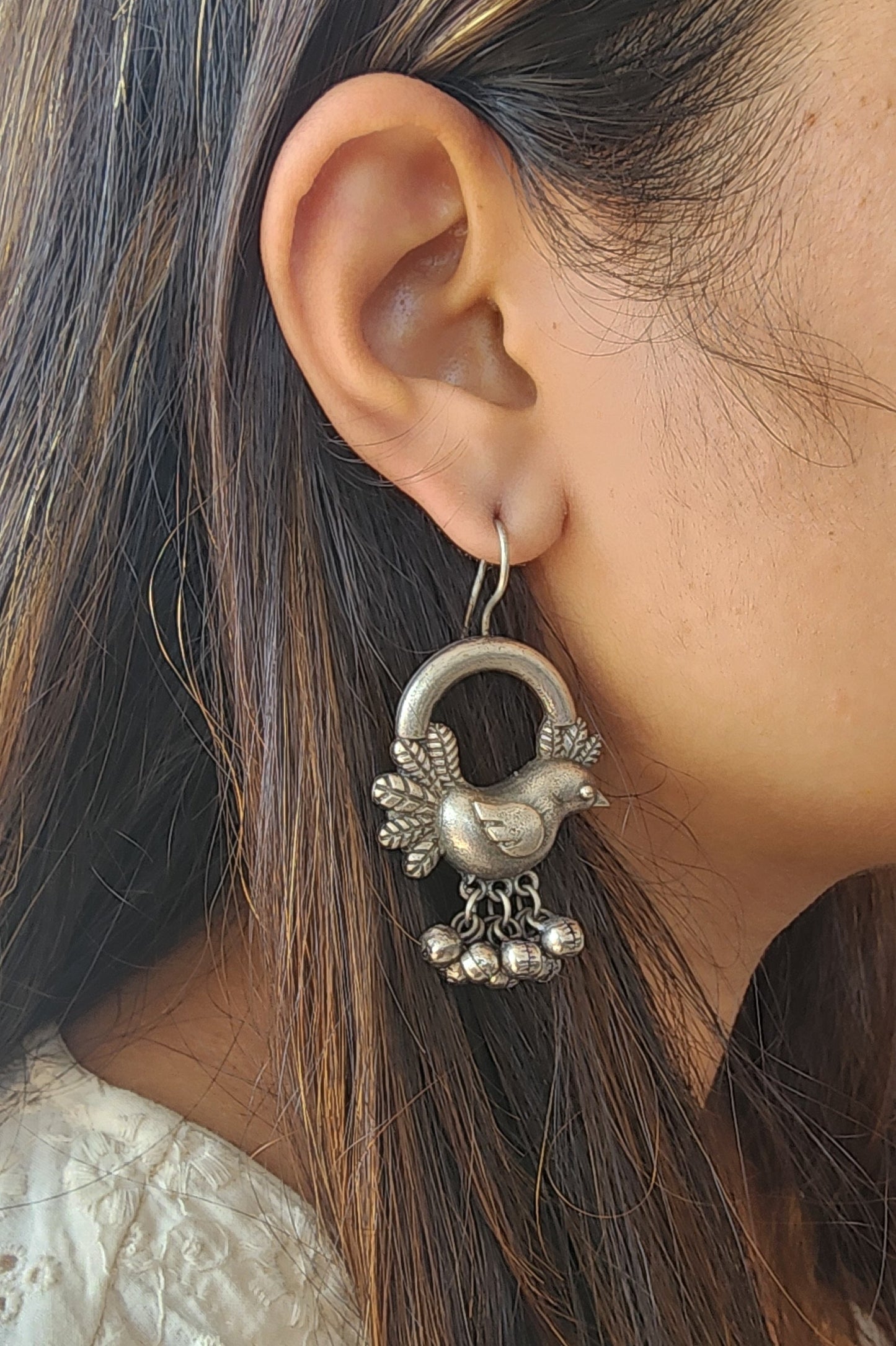 BALAMANI- Silver Brid Shaped With Ghungroo Drop German Oxidised Silver Earrings