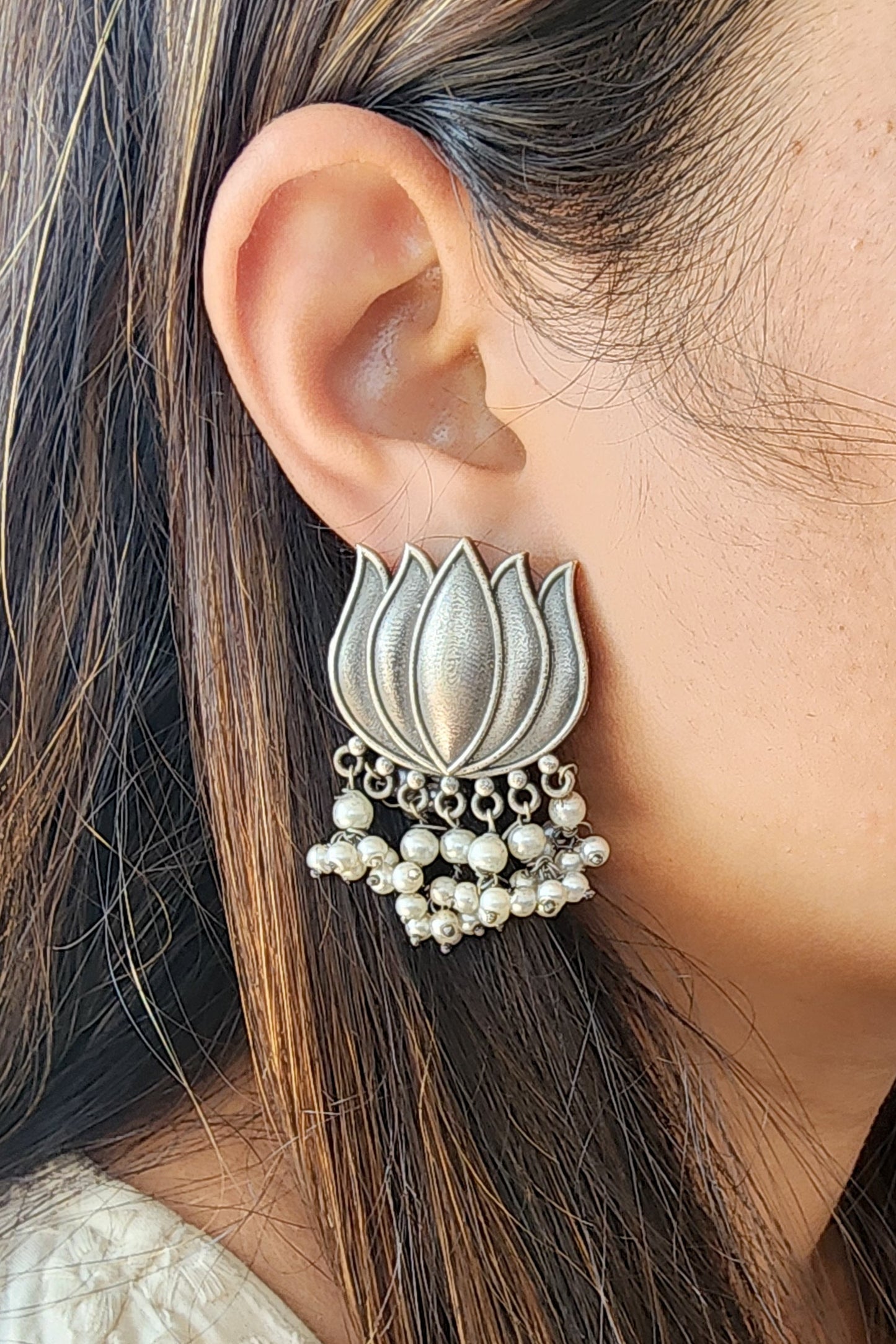 BALAMANI-Beautiful Silver Lotus With Pearls German Oxidised Earring