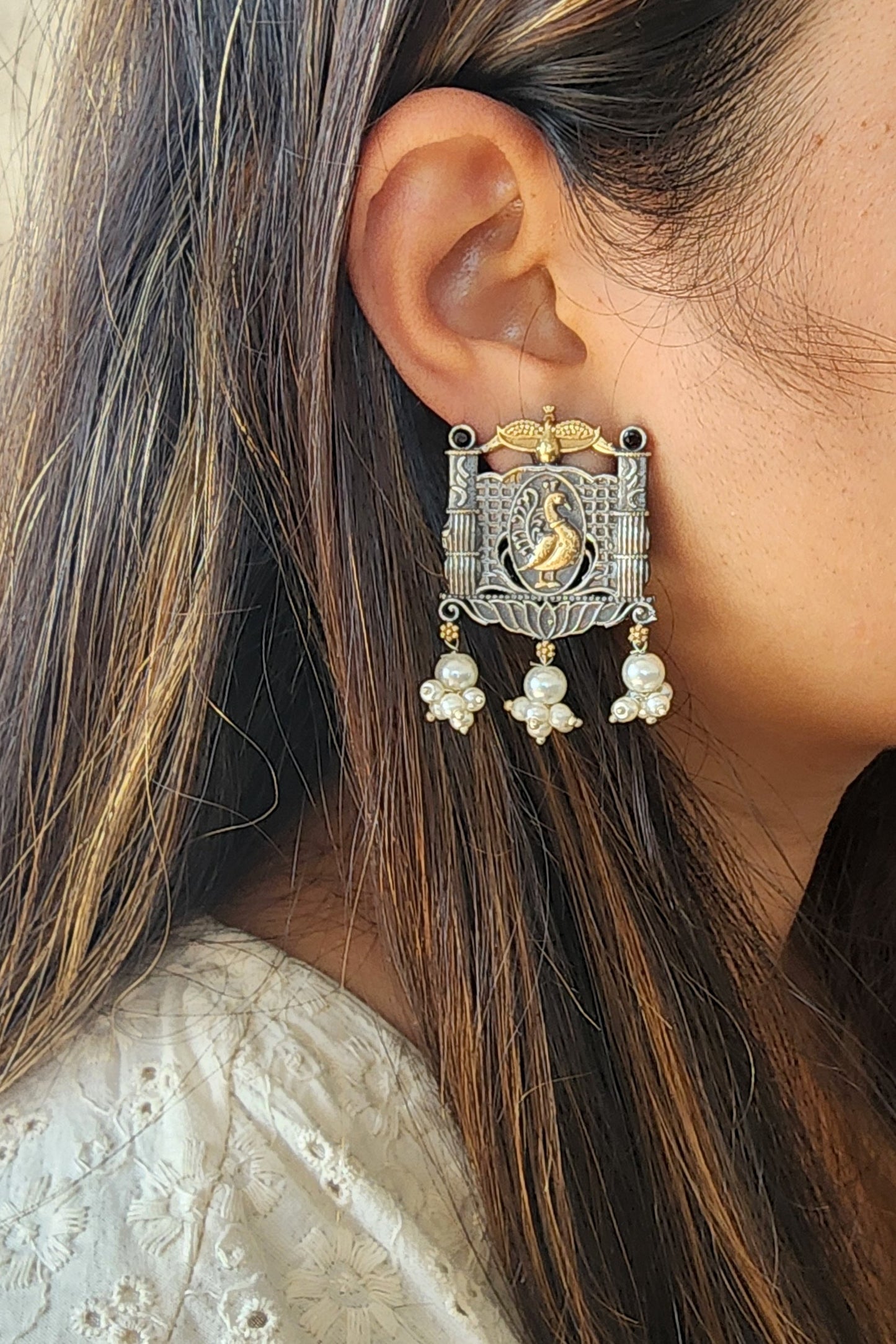 BALAMANI-Silver And Golden Tone Peacock Face Tribal With Pearls German Oxidised Earring