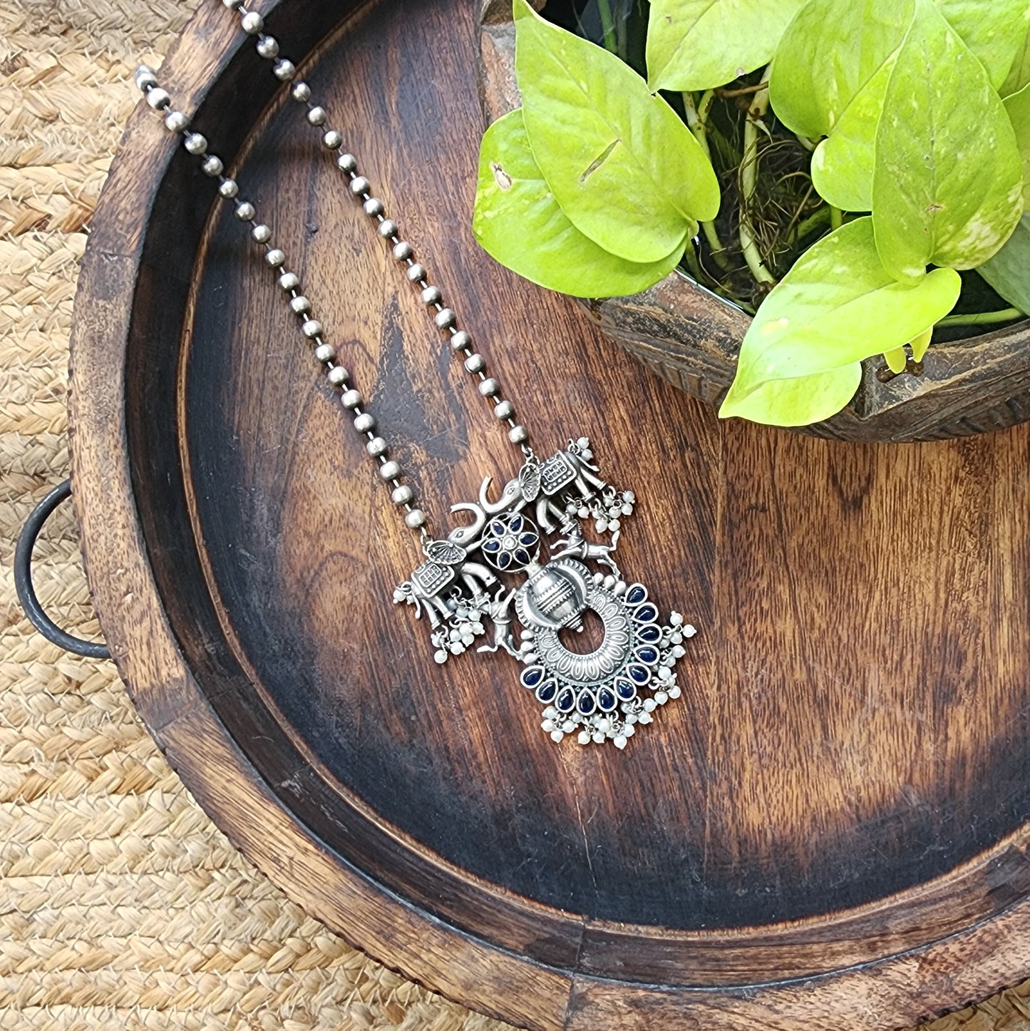 Neckpiece -Dark Blue Stone Silver Elephant Design With Pearls And German Oxidised Neckpiece