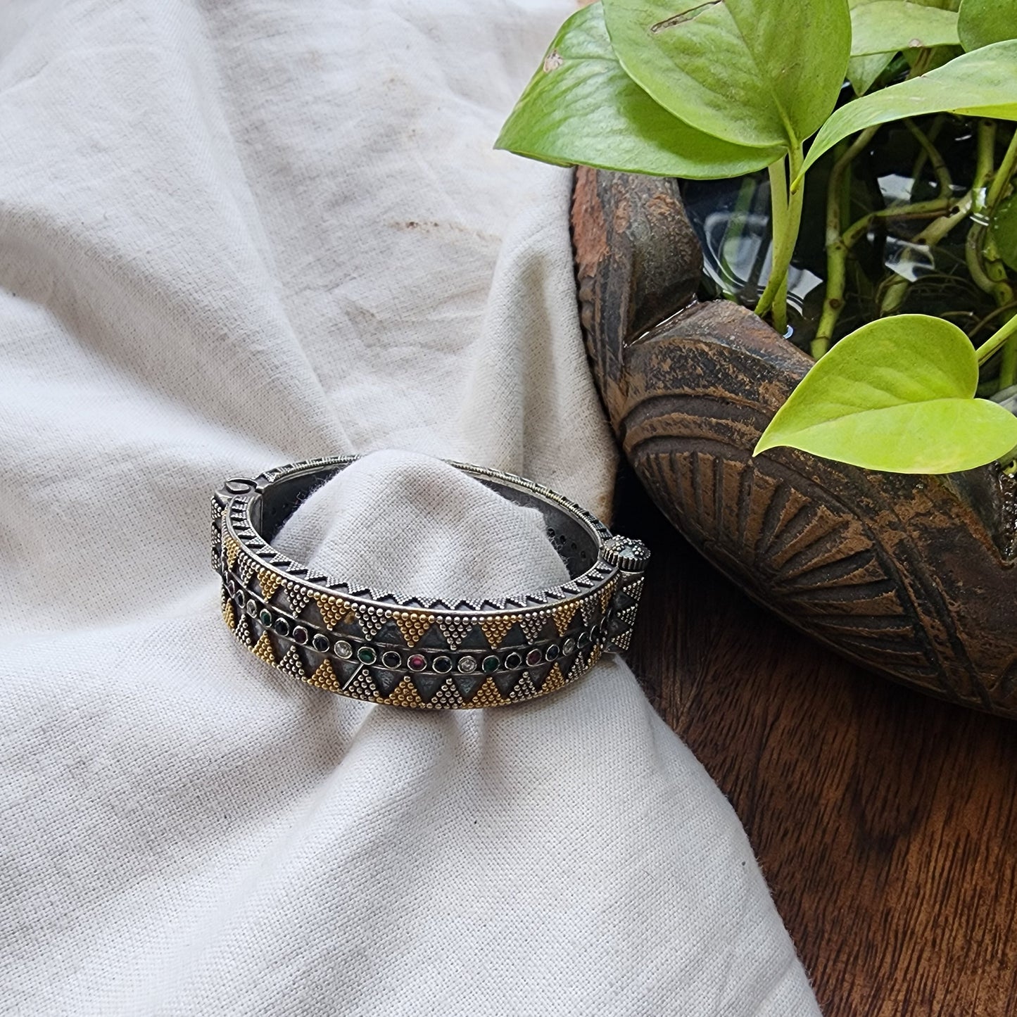 BANGLE-Silver And Golden Multicolor Stone German Oxidized Bangle