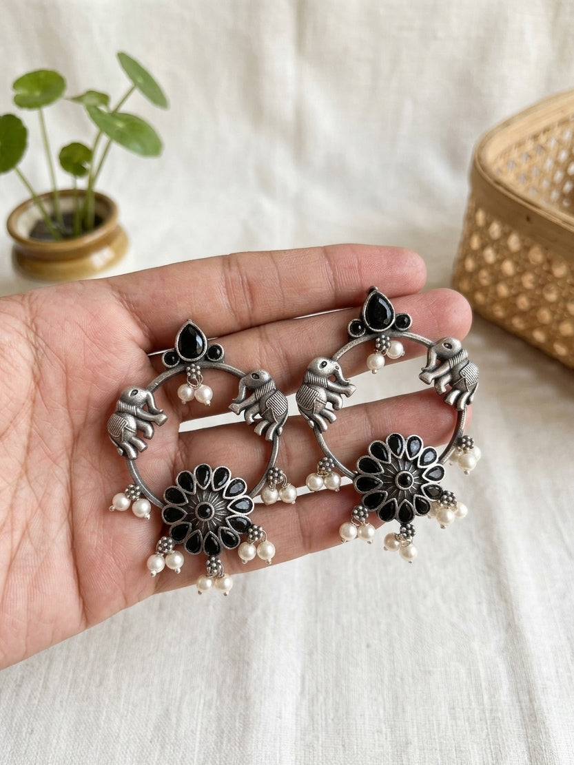 ASAWARI- German Silver Intricate Stones Elephant Pattern Danglers-Black