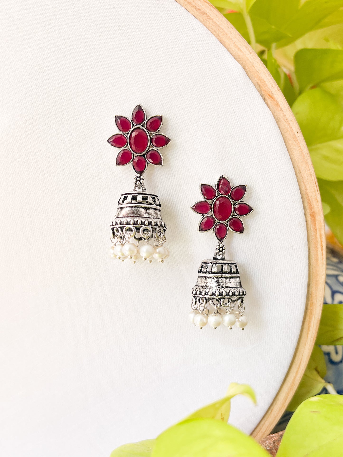 Aahana - Silver Oxidised Small Jhumkas Maroon