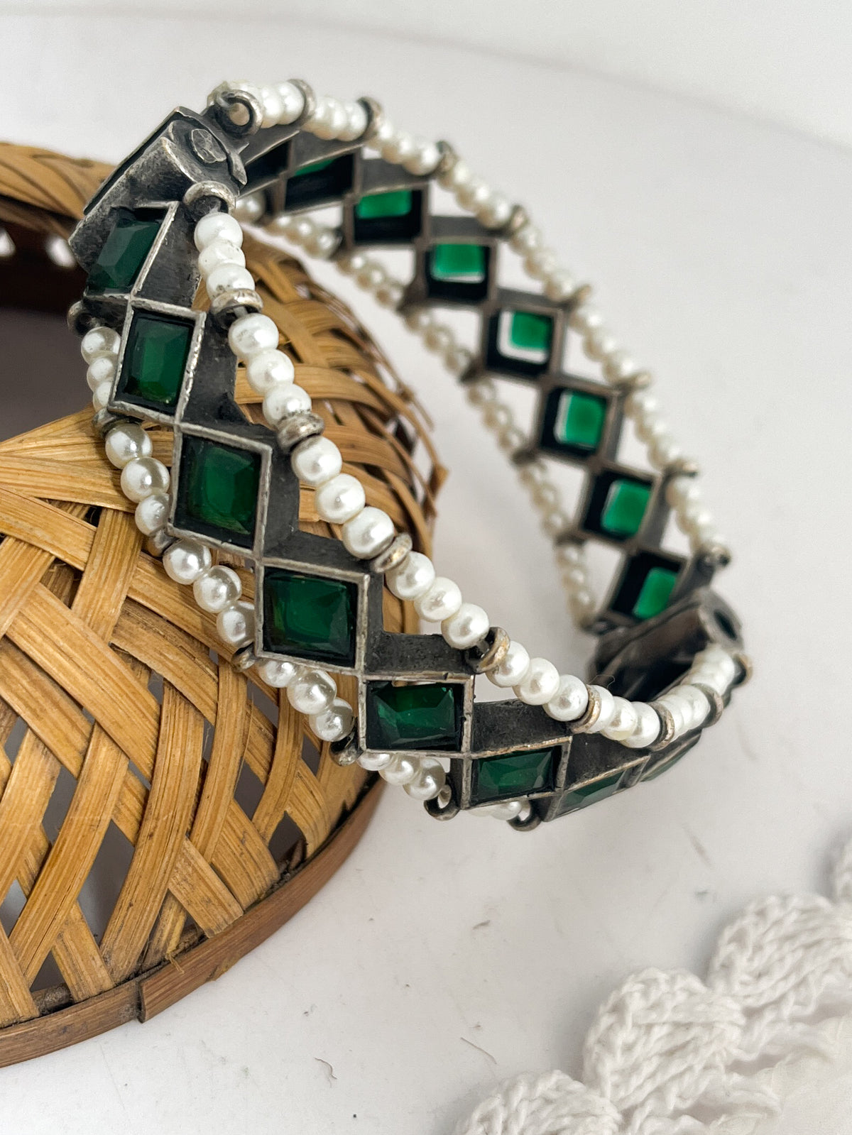 ABHILASHA - Brass Kada Bangle With Silver Plating With Green Stones And Moti