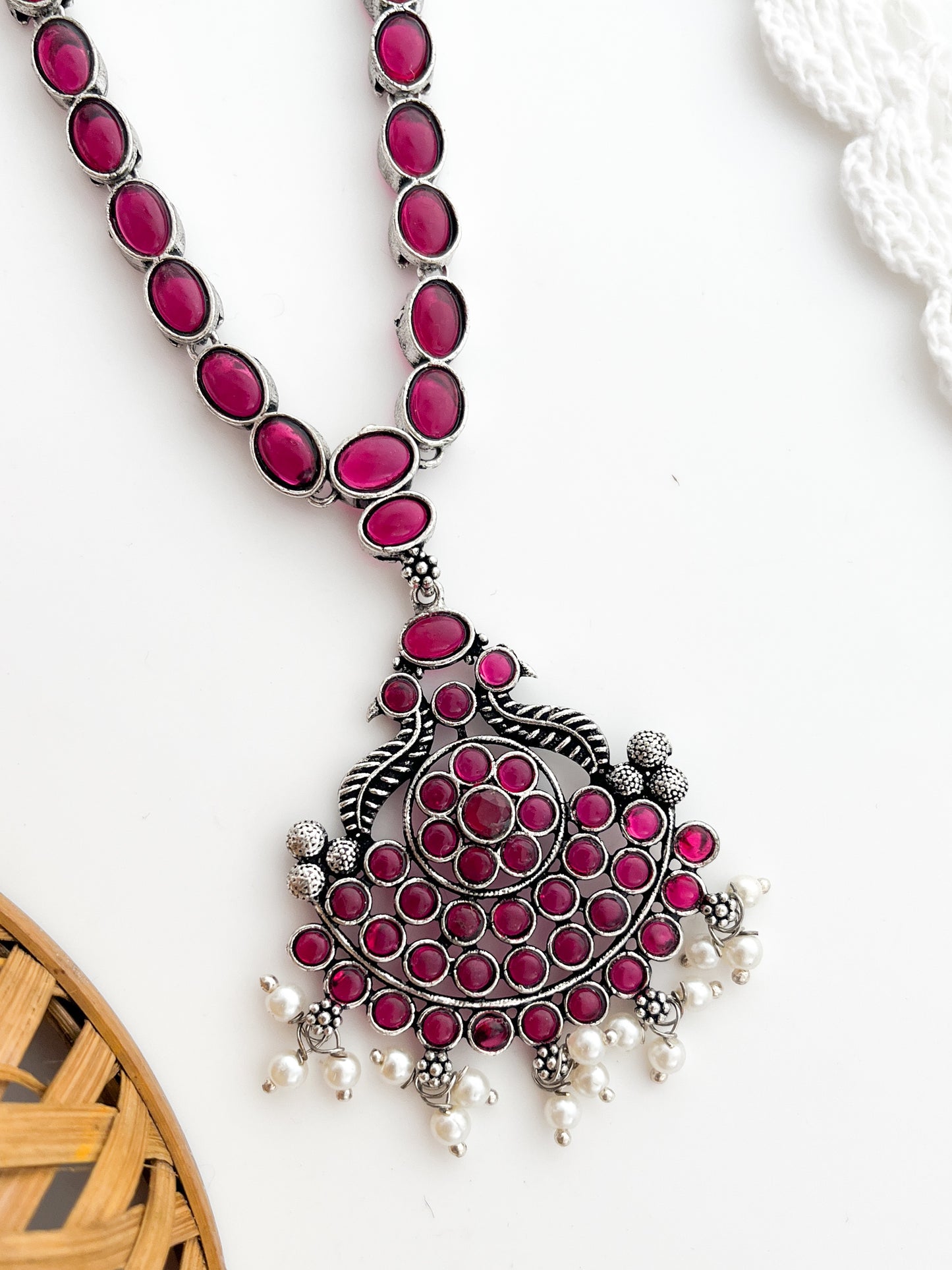 Abhilasha - Silver Oxidized Magenta Stone Neckpiece