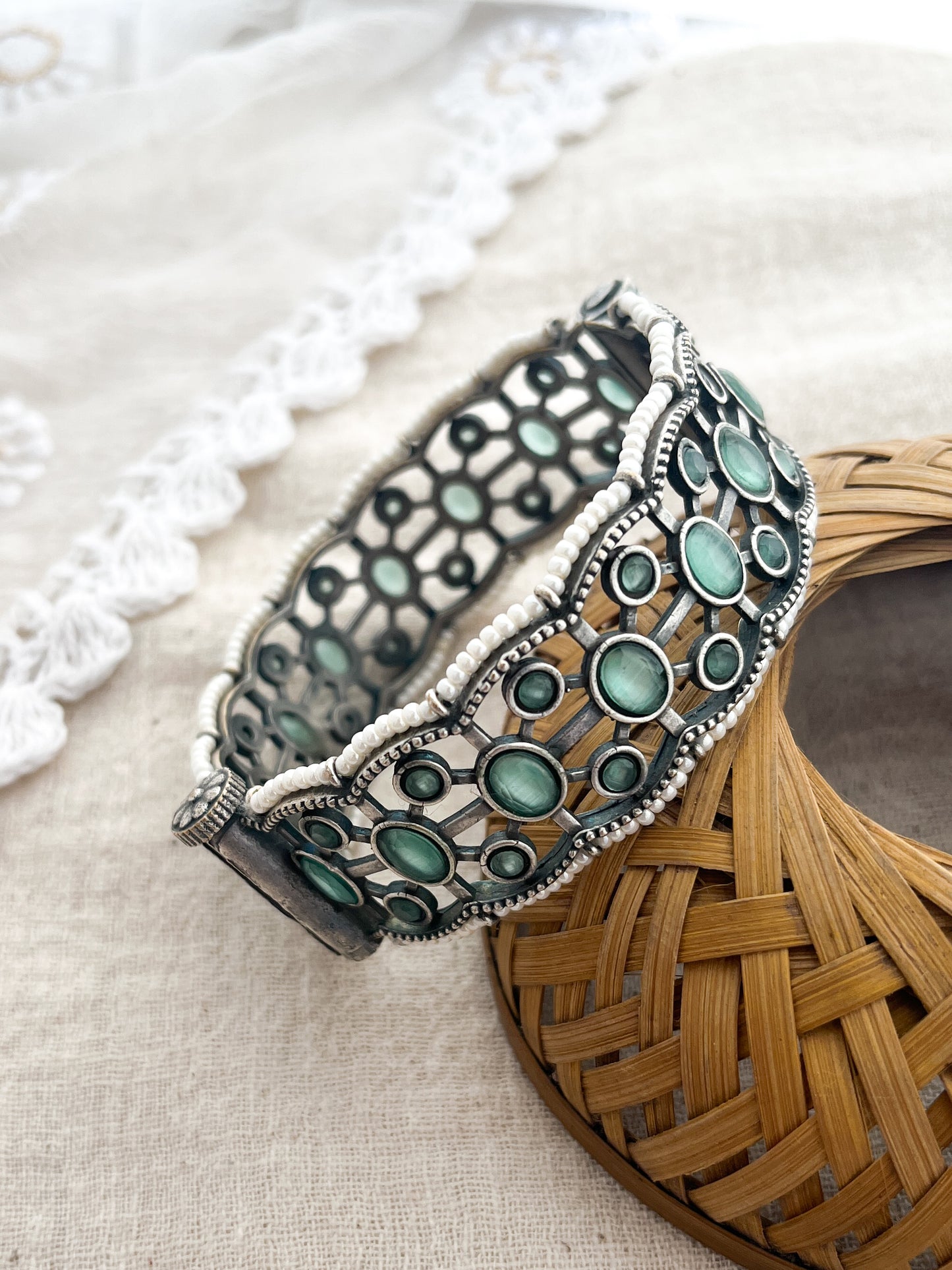 Adhika - Silver Oxidised Teal Green Stone And Moti Kada