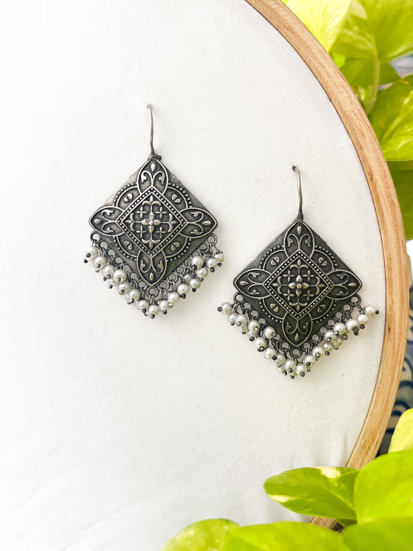 Aisha - Silver Oxidised Diamond Danglers
