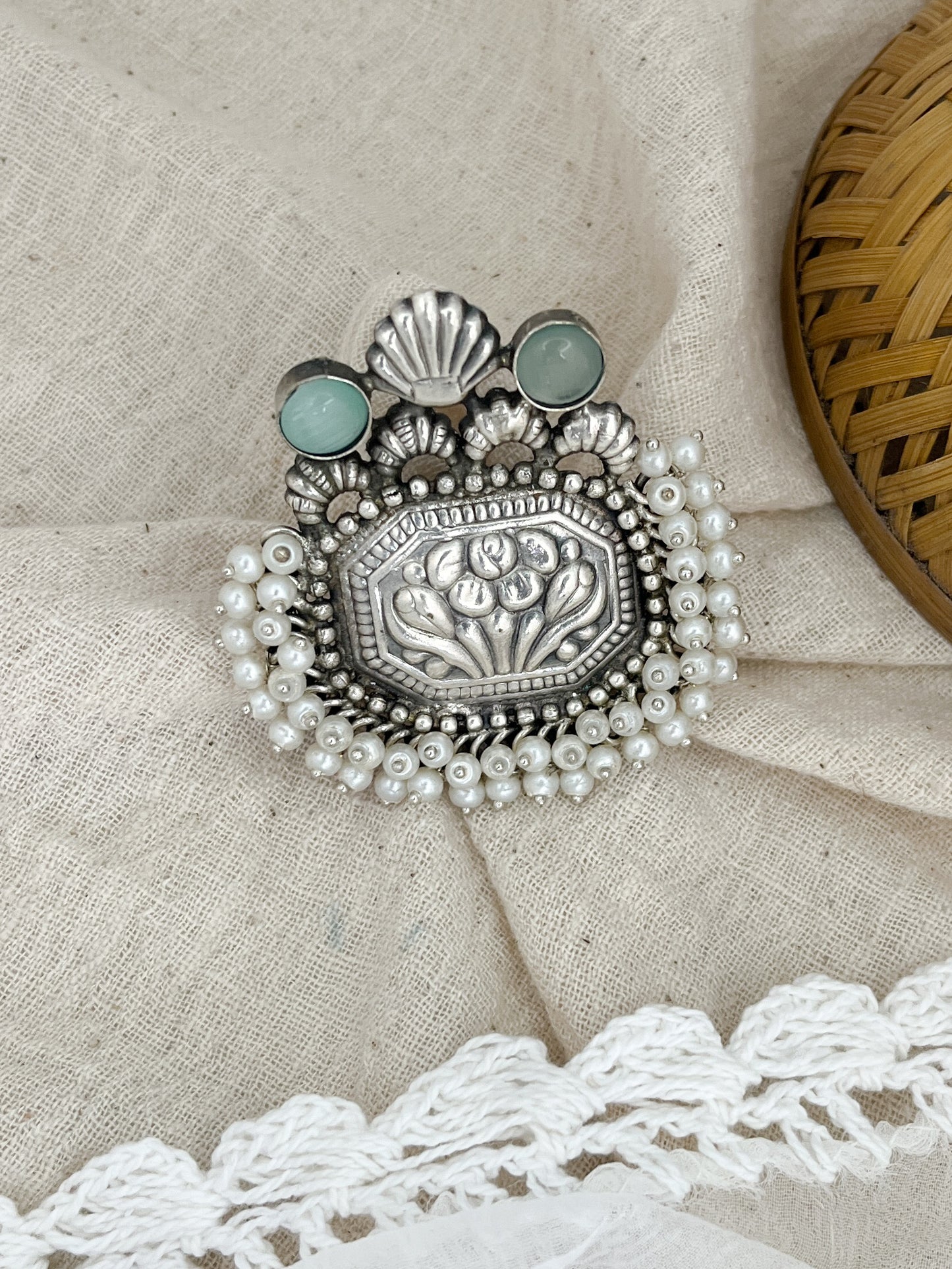 Aradhya Moti Mint Stone Silver Oxidised Ring