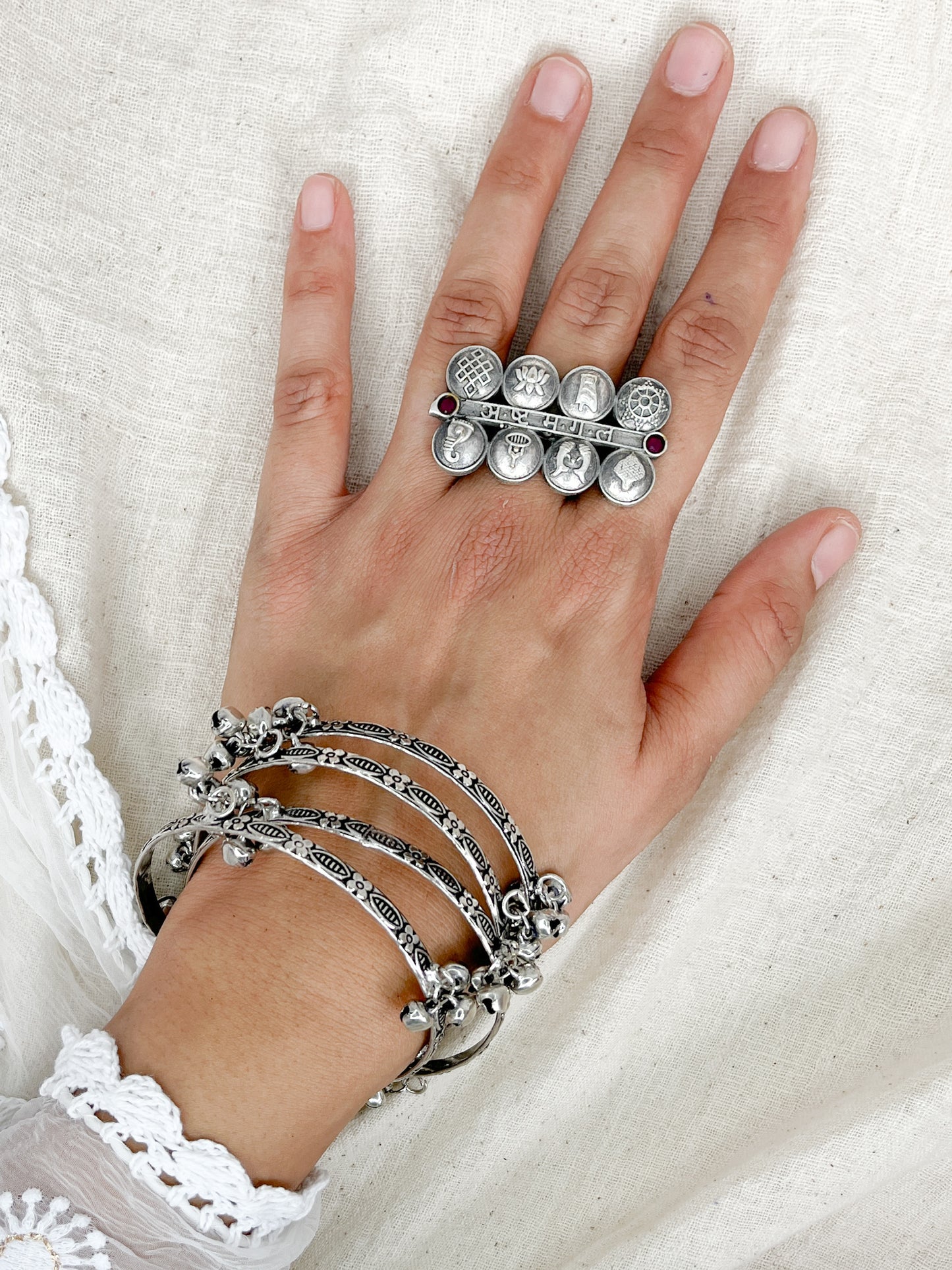 Ashta Mangal Maroon Stone Silver Oxidised Ring