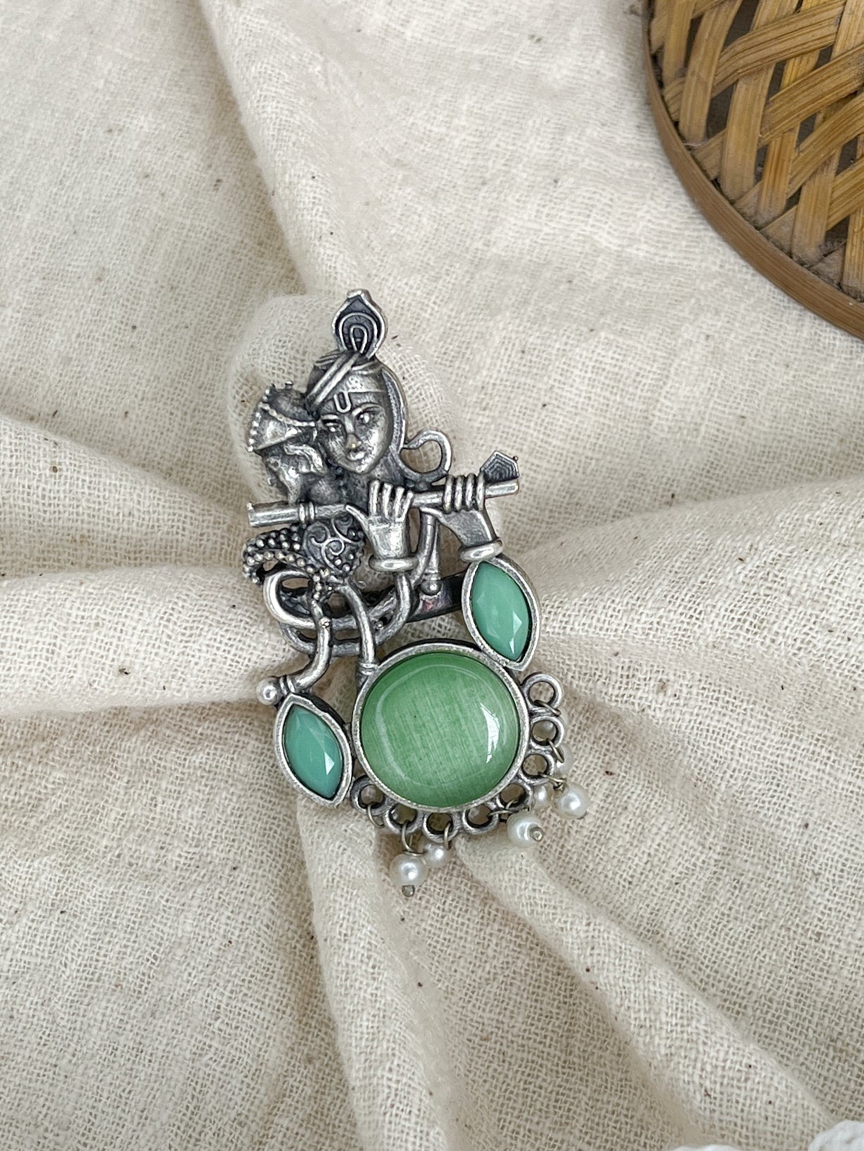 Bansini Silver Oxidised Stone Ring Mint Blue