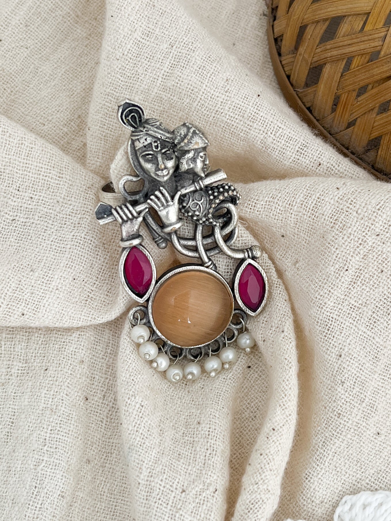 Bansini Silver Oxidised Stone Ring Pink Brown