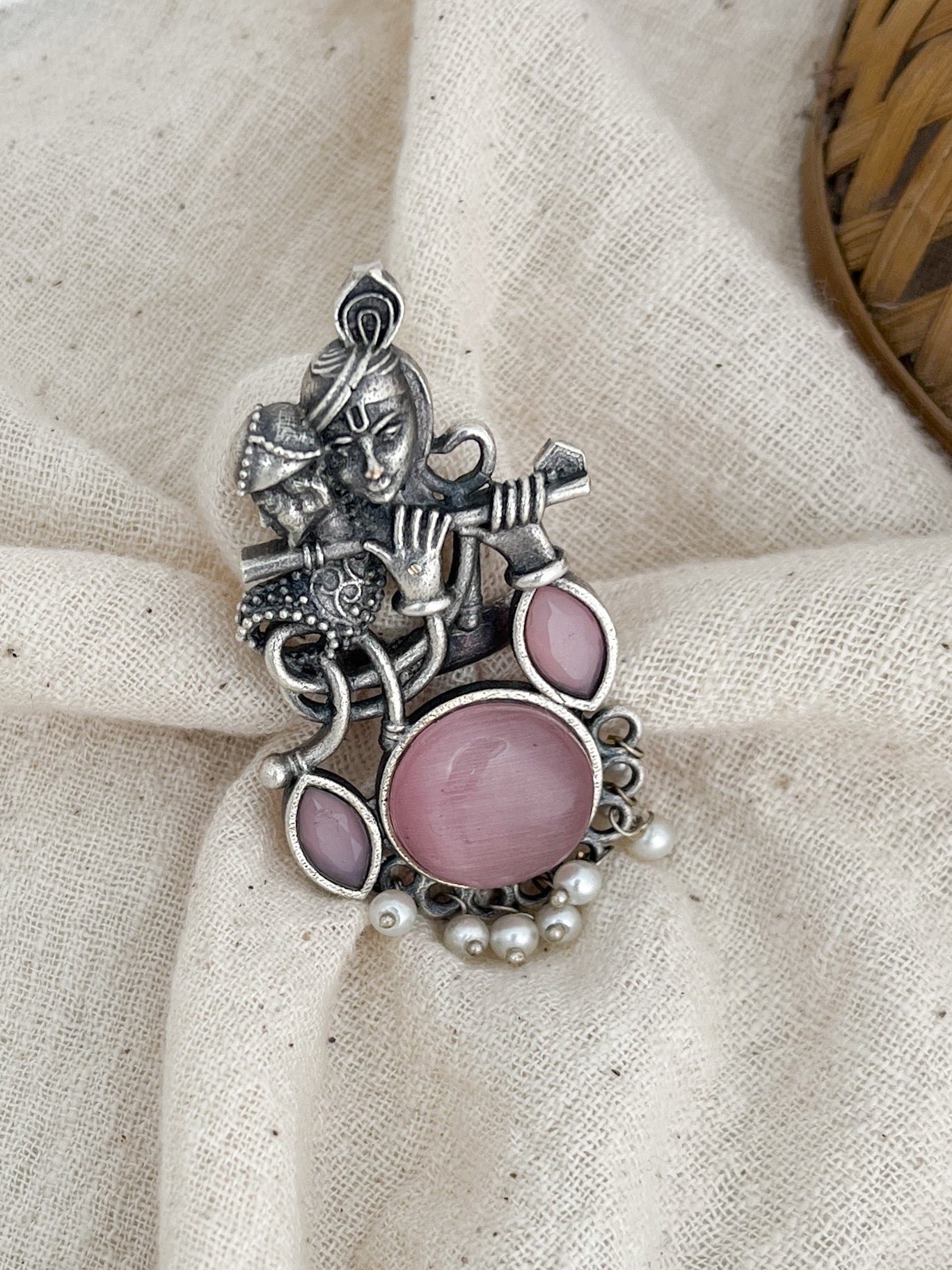 Bansini Silver Oxidised Stone Ring Pink