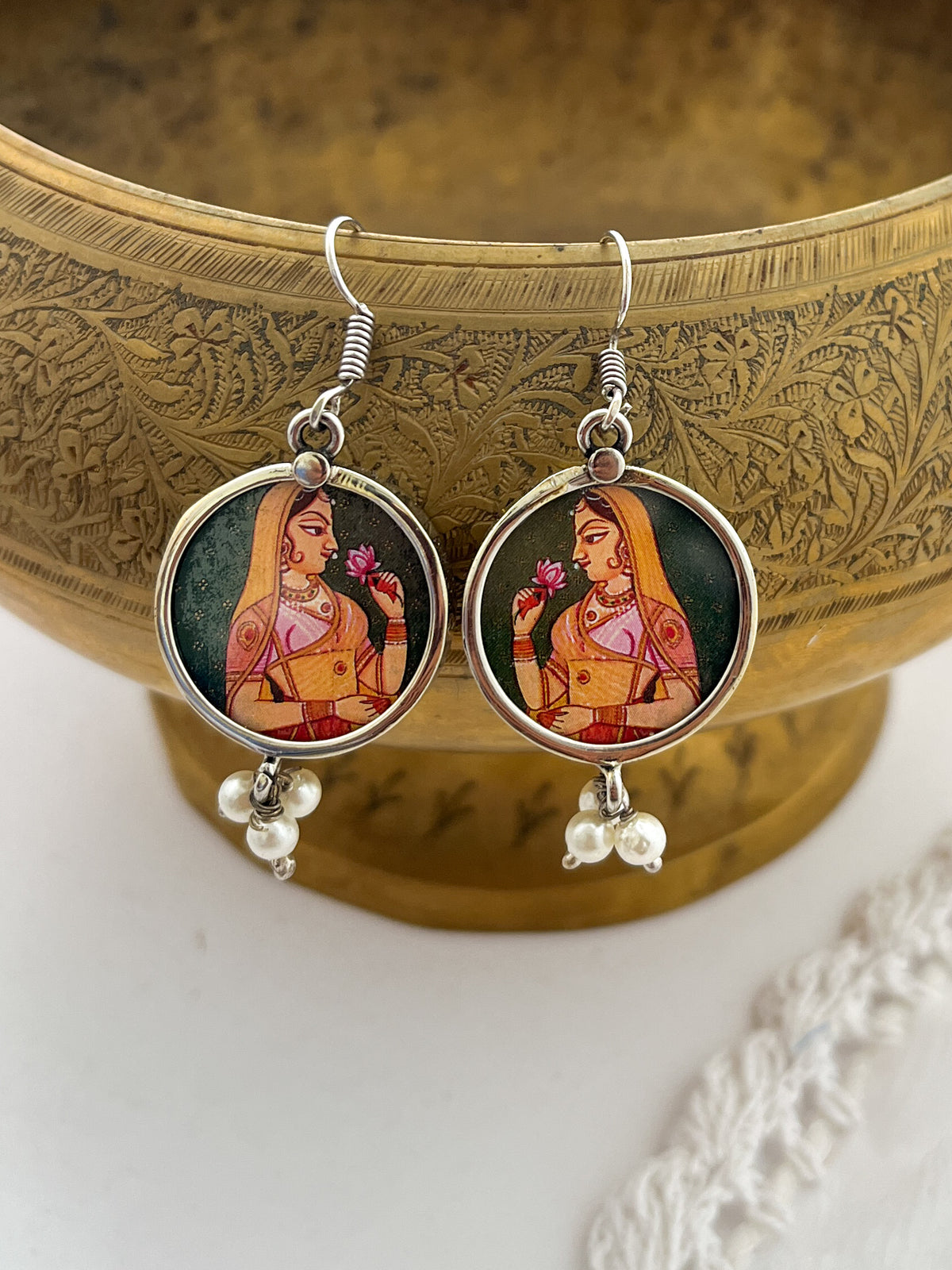 BINDHANI- Light Weight Brass With Rajpput Painting Earrings Mustard