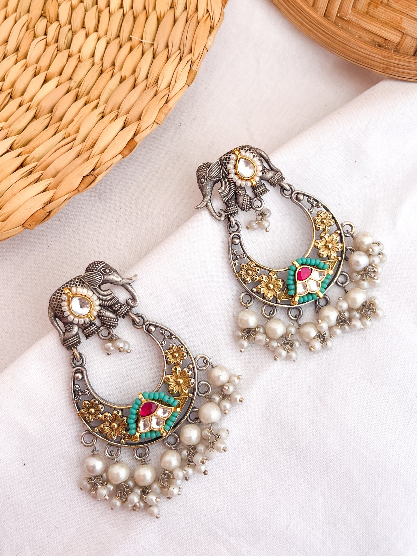 CHANDANI - German Silver Dual Tone Chandbali Dangler With Paachi Kundan Work