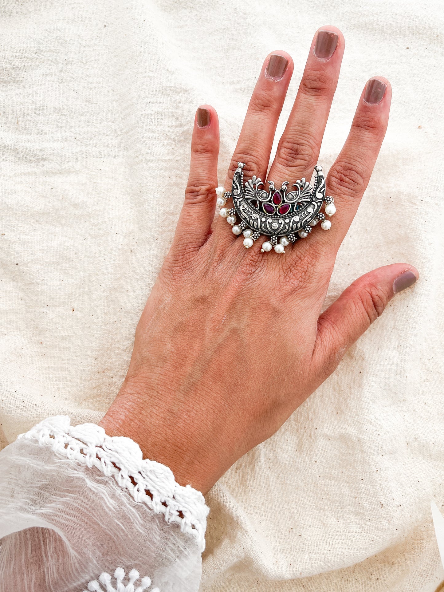 Chandani - Silver Oxidised Ring Maroon