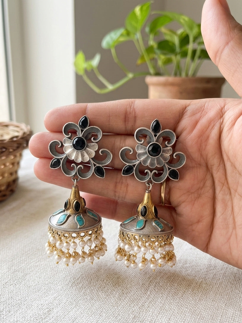 DEVI - German Silver Dual Tone Jhumkas Black And Blue