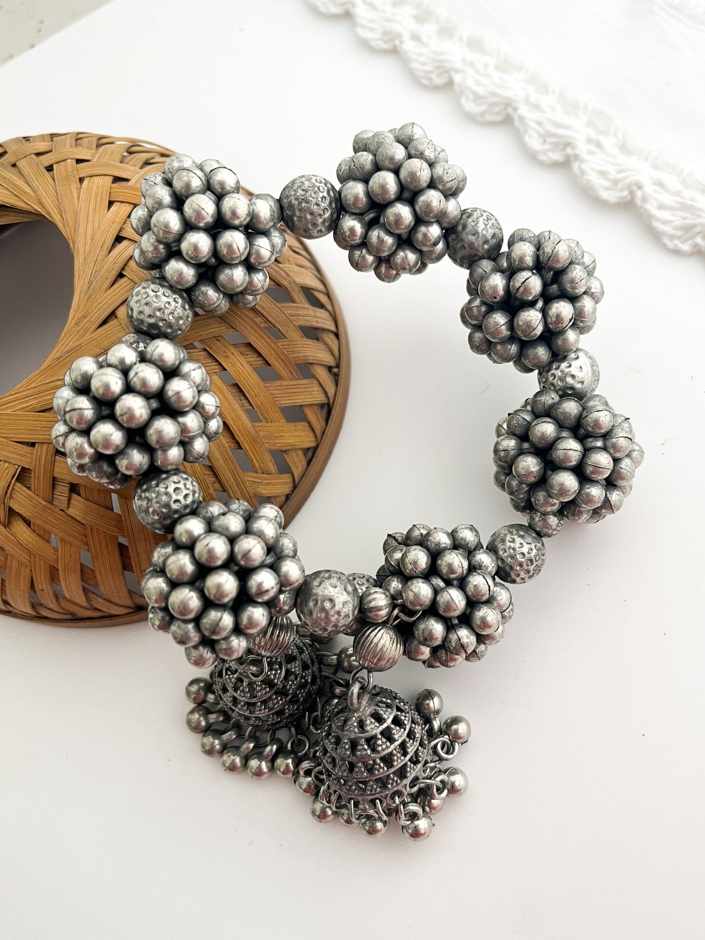 Gajra- Silver Polish Black Oxidised Adjustable Bracelet Cum Gajra