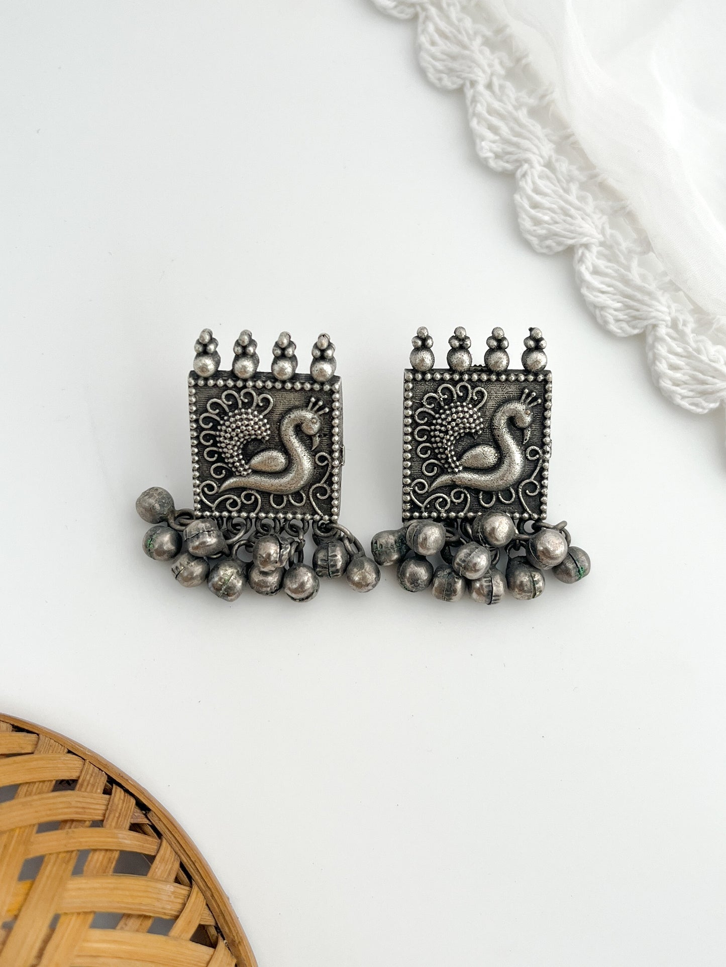 Ghungroo - German Silver Ghngroo Peacock Studs