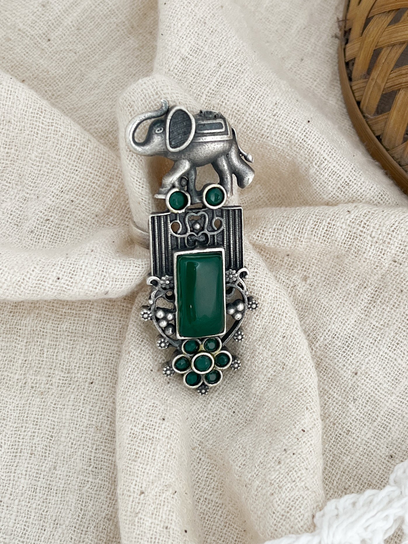 Haathi Green Stone Silver Oxidized Ring