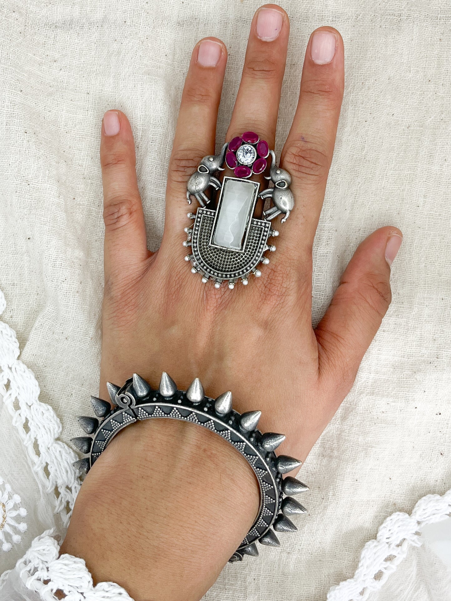 Hathi White Stone Flower Silver Oxidised Ring