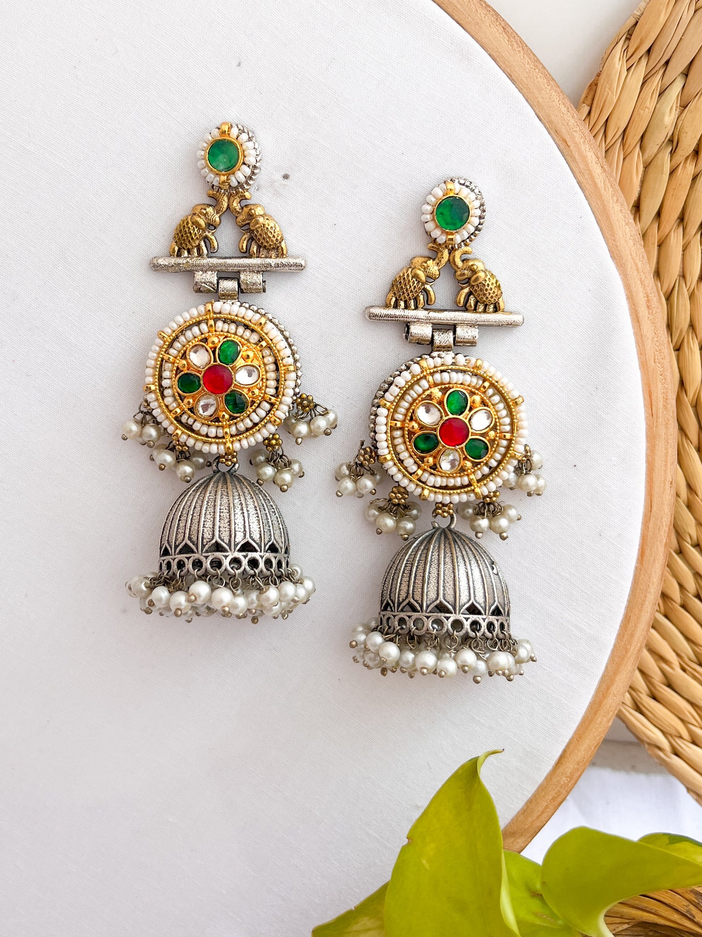 Tara - Dual Tone German Silver Elephant Motif Jhumka With Panchi Kundan Work Green