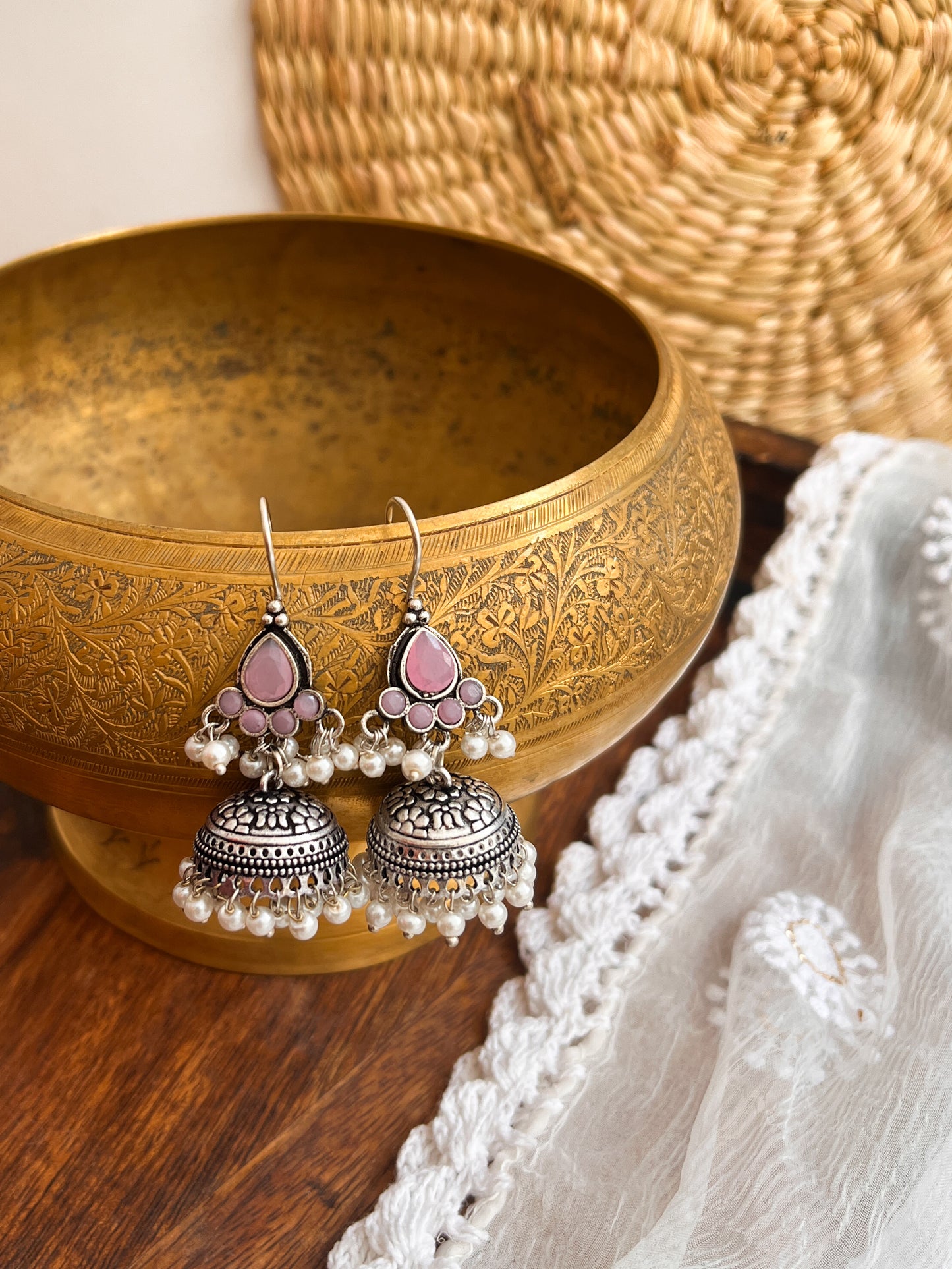 ROZANA- German Silver Studded Jhumka- Baby Pink