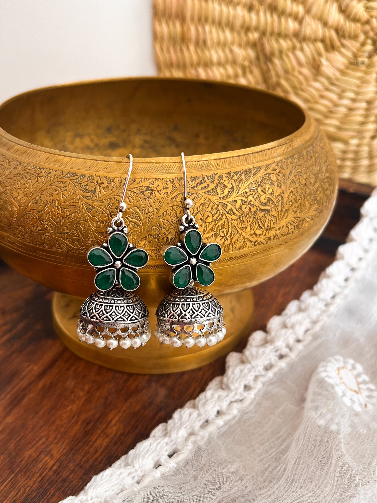 ROZANA- German Silver Studded Jhumka- Green