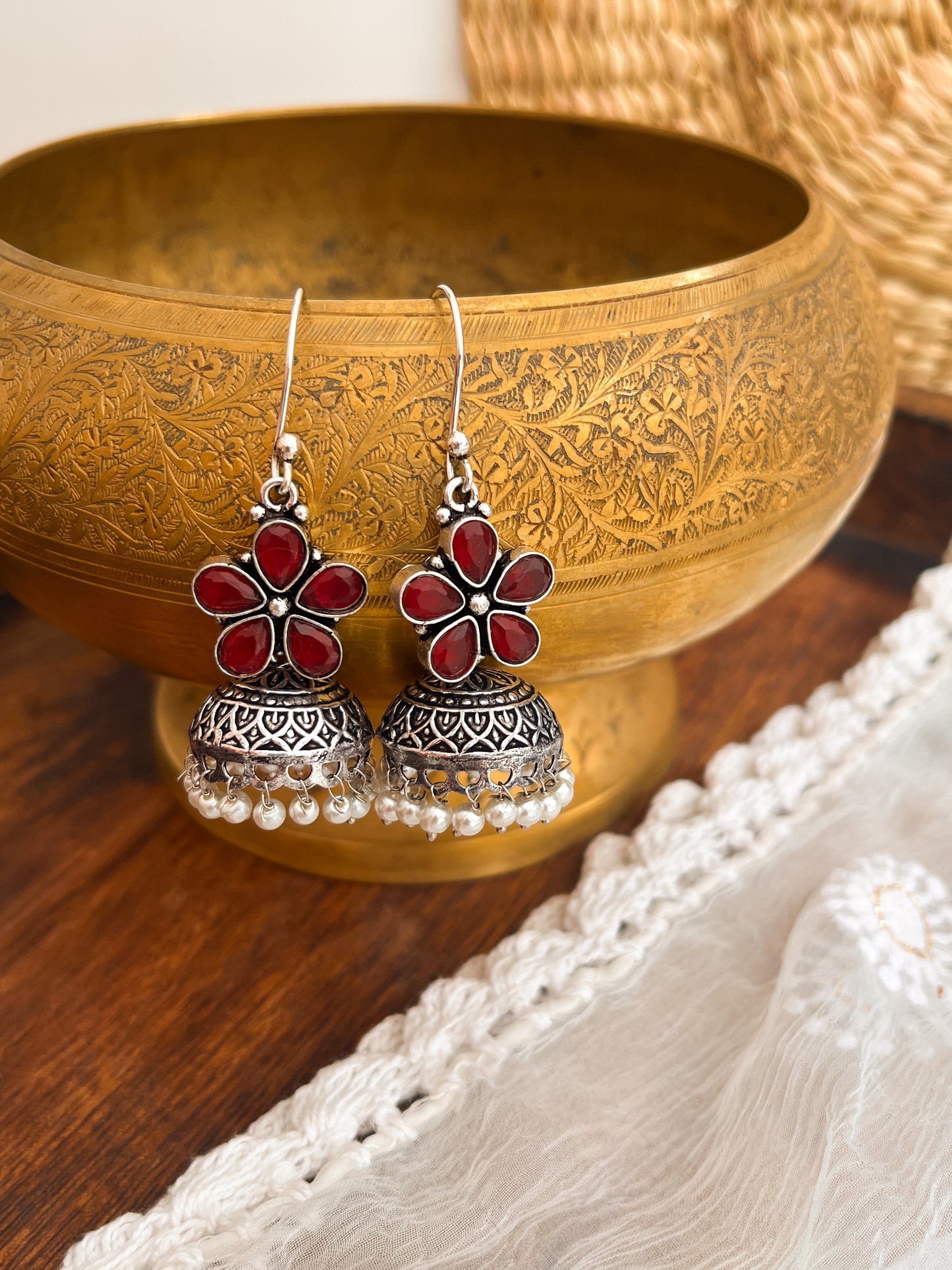 ROZANA- German Silver Studded Jhumka-Pink