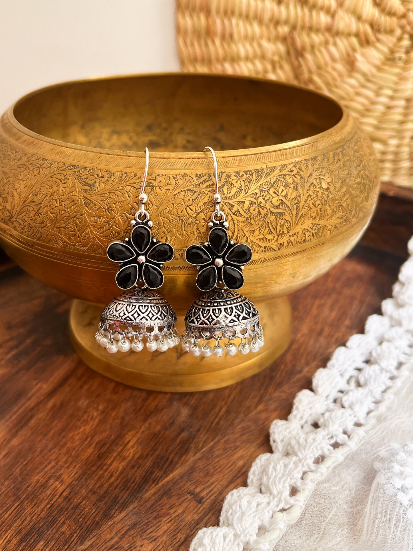 ROZANA- German Silver Studded Jhumka- Black