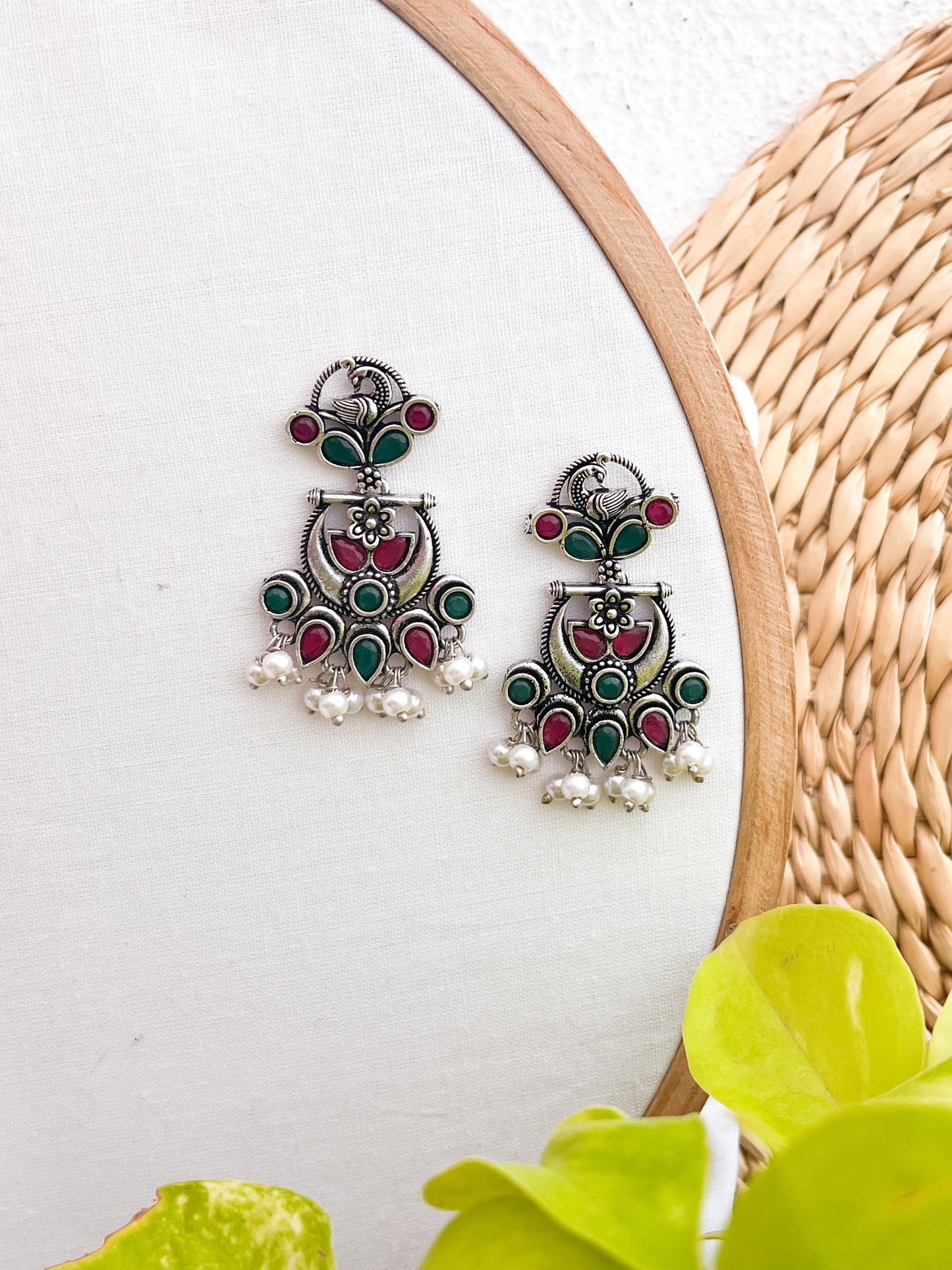 MIHIKA- German Silver Dangler Red And Green